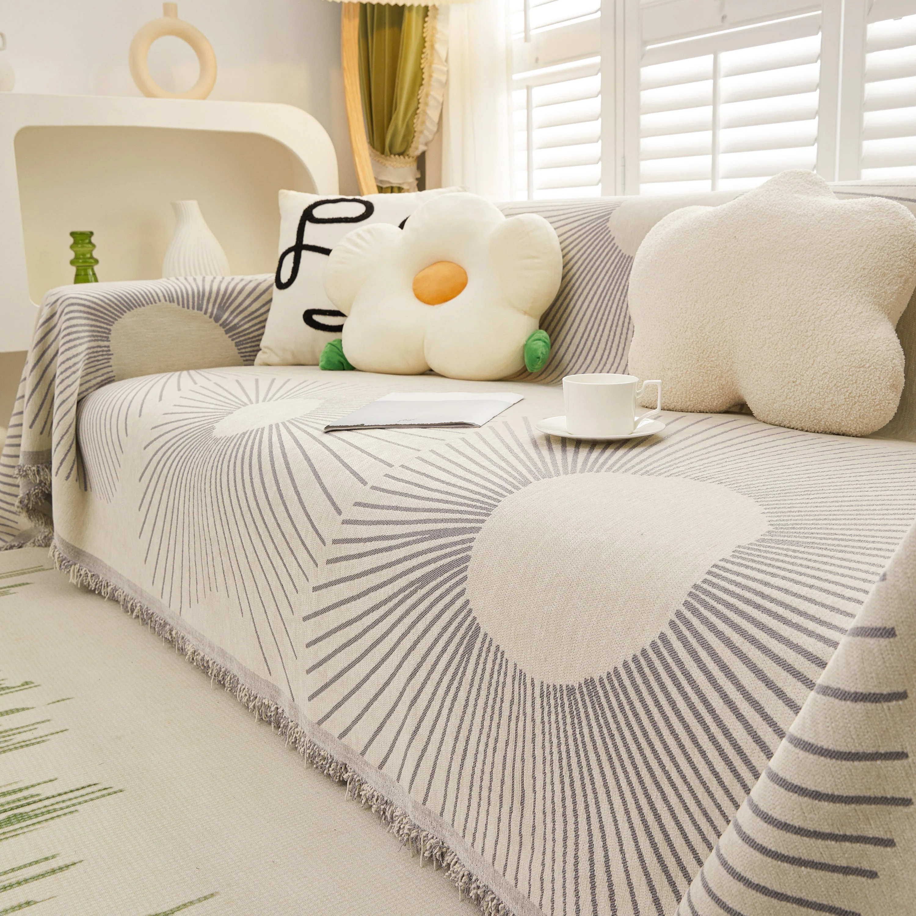 Geometric Radial Striped L-Shape Sofa Cover: Thick, Reversible Furniture Blanket for Kids and Pets - Image 84