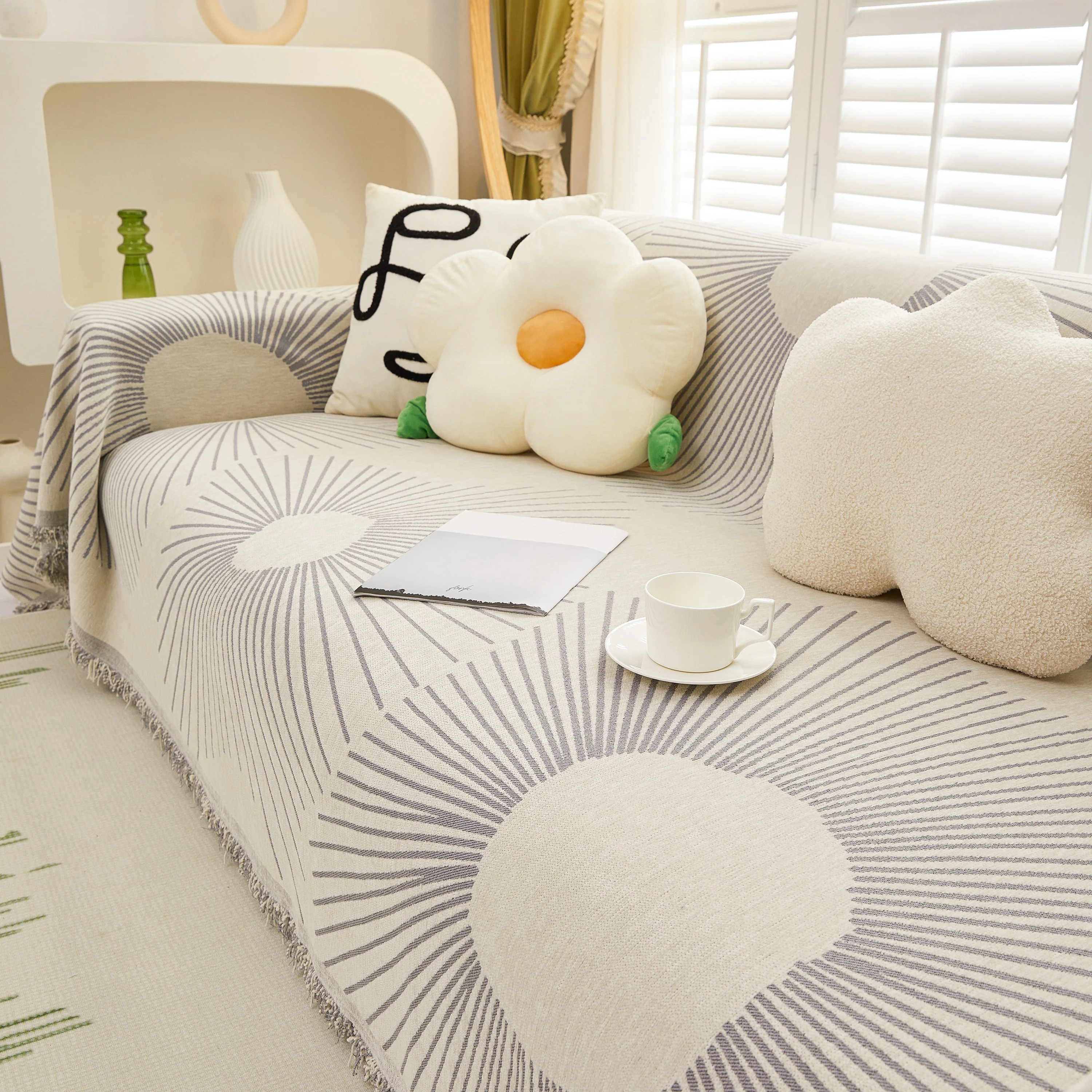 Geometric Radial Striped L-Shape Sofa Cover: Thick, Reversible Furniture Blanket for Kids and Pets - Image 85