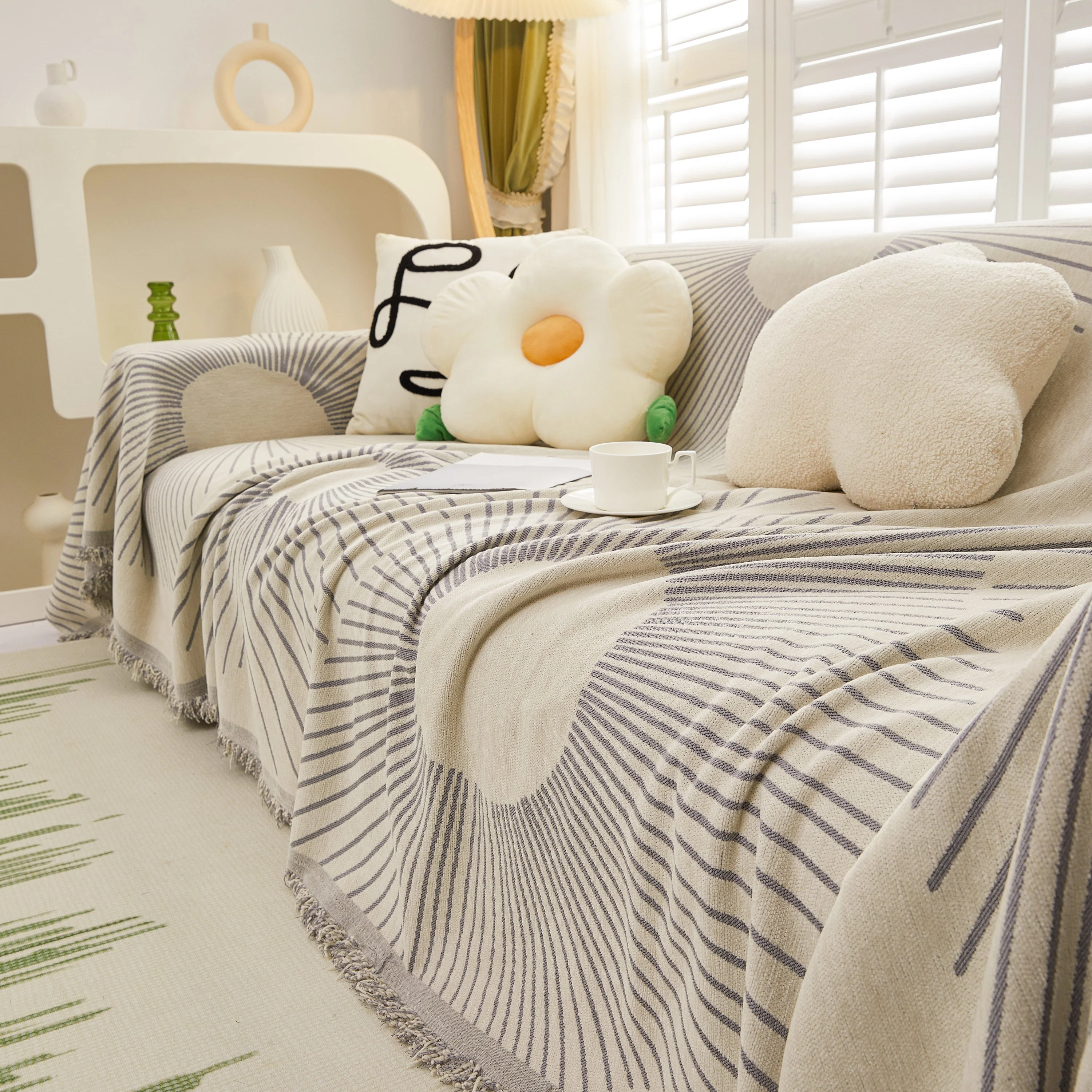 Geometric Radial Striped L-Shape Sofa Cover: Thick, Reversible Furniture Blanket for Kids and Pets - Image 86