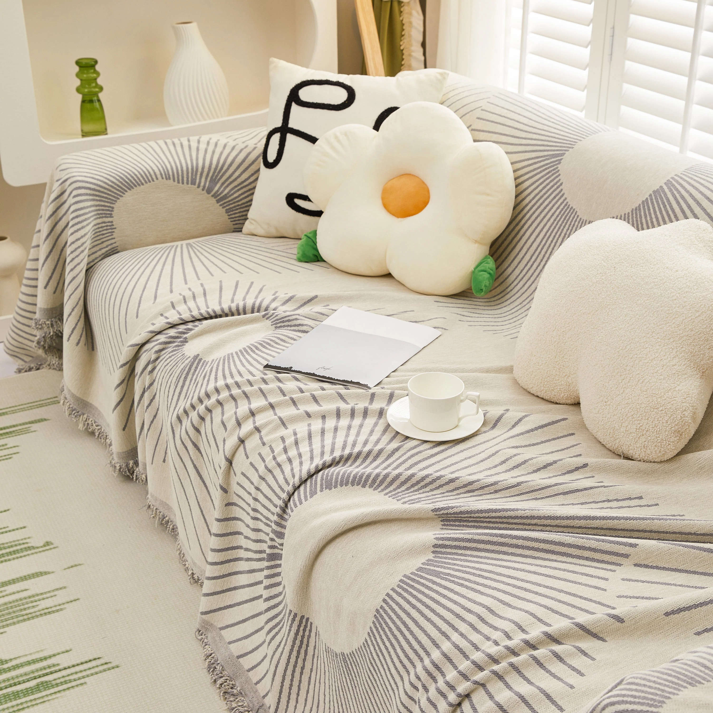 Geometric Radial Striped L-Shape Sofa Cover: Thick, Reversible Furniture Blanket for Kids and Pets - Image 87