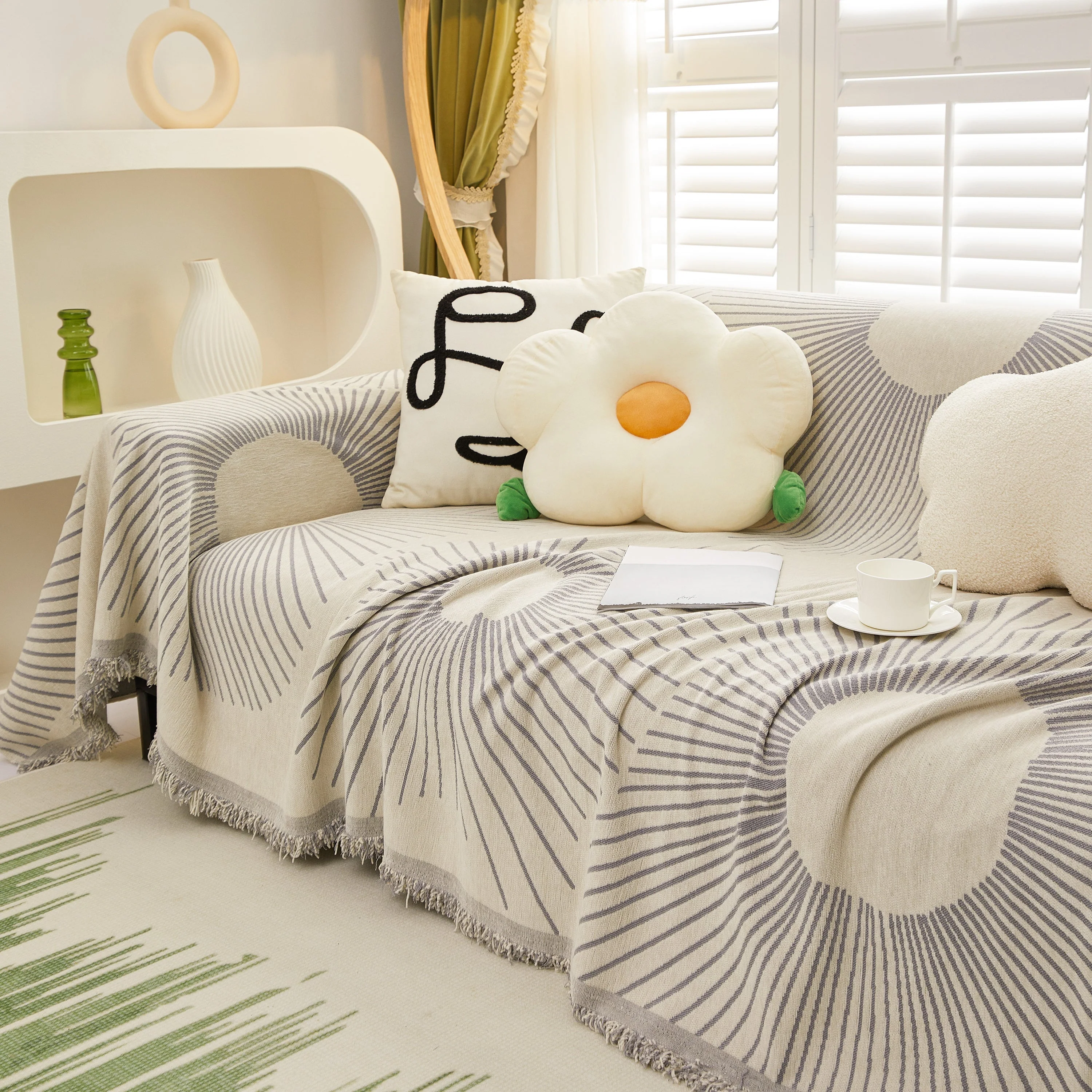 Geometric Radial Striped L-Shape Sofa Cover: Thick, Reversible Furniture Blanket for Kids and Pets - Image 88