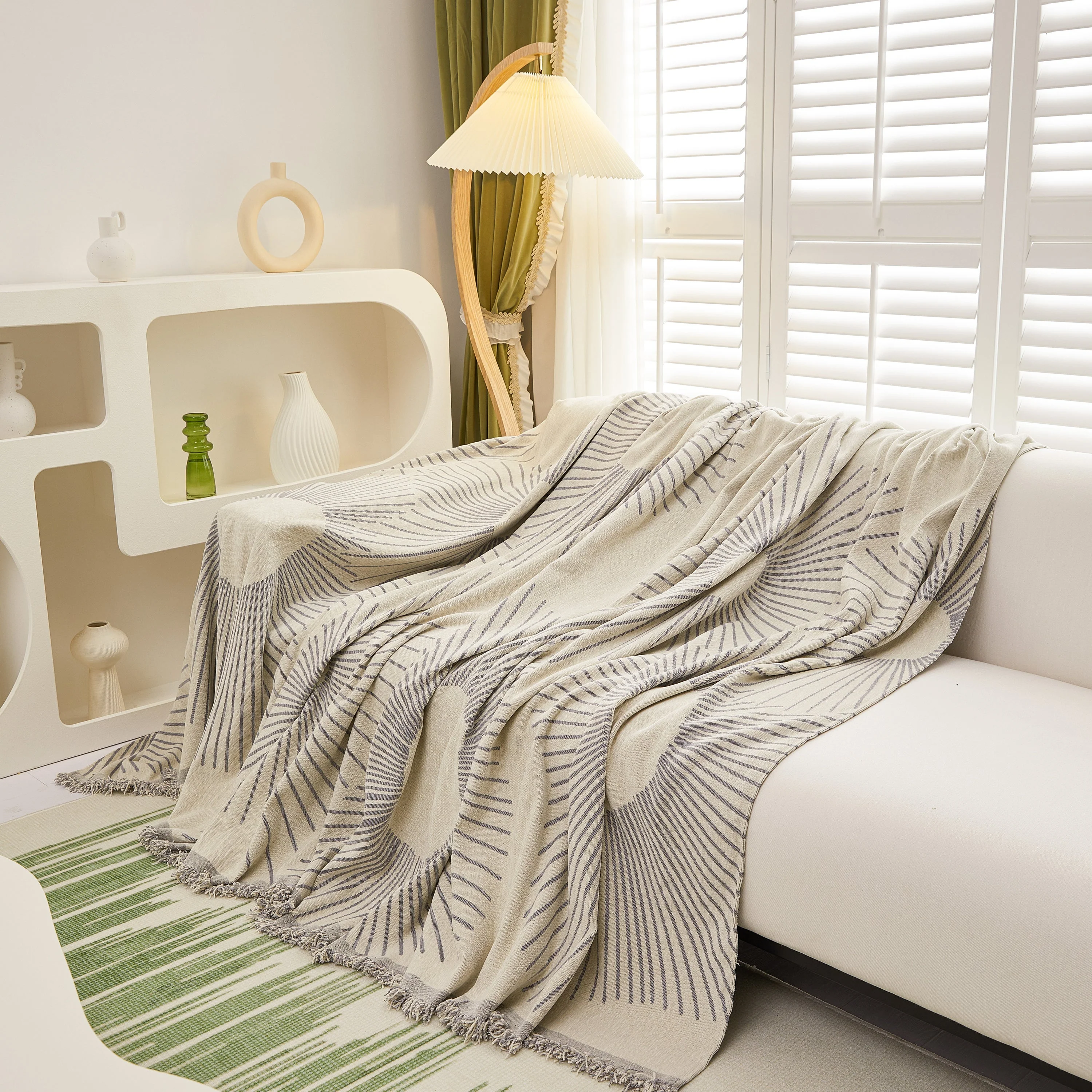 Geometric Radial Striped L-Shape Sofa Cover: Thick, Reversible Furniture Blanket for Kids and Pets - Image 89