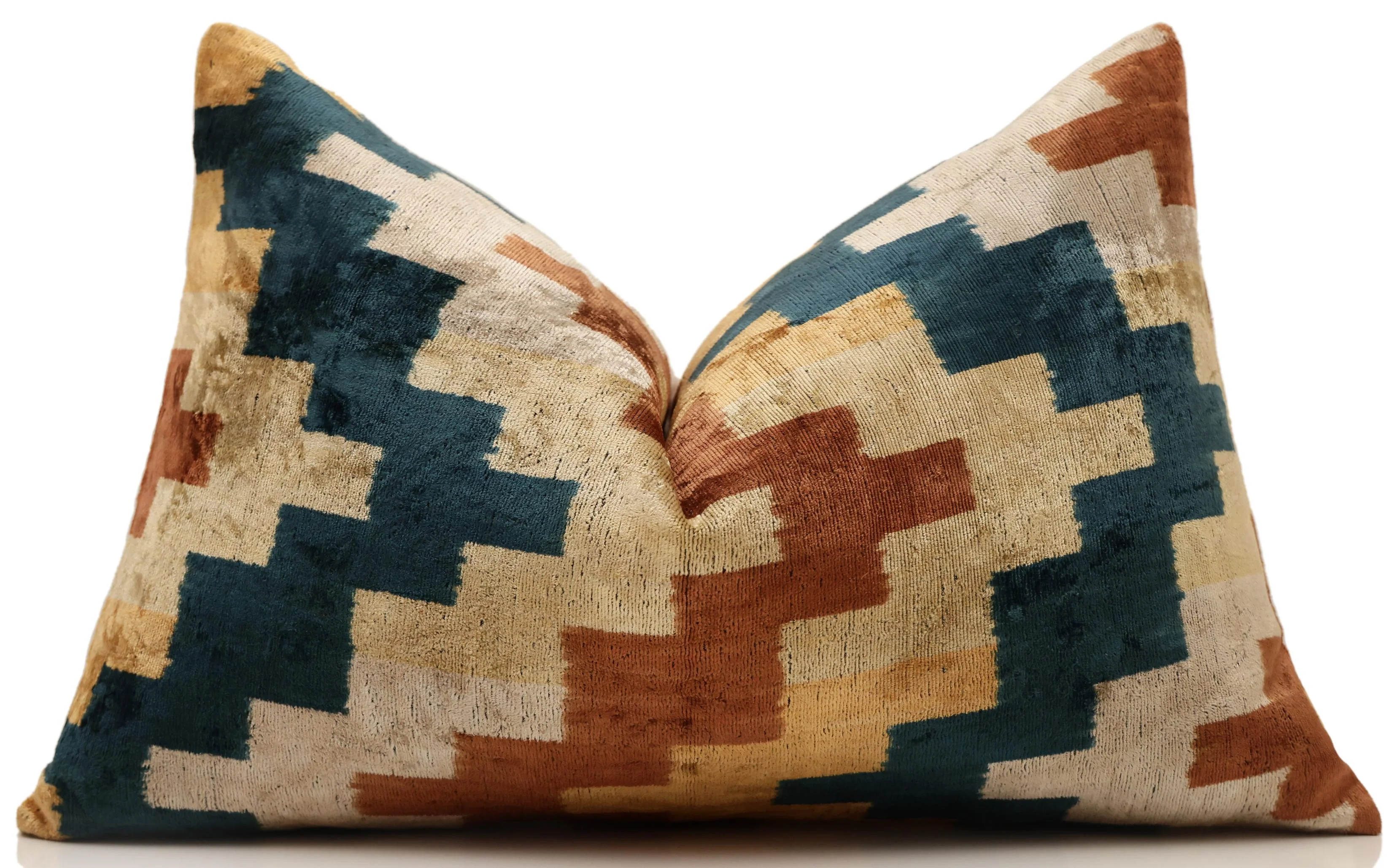 Geometric Rust and Teal Silk Velvet Pillow 16x24 Handmade Luxury Lumbar Cushion - Image 5