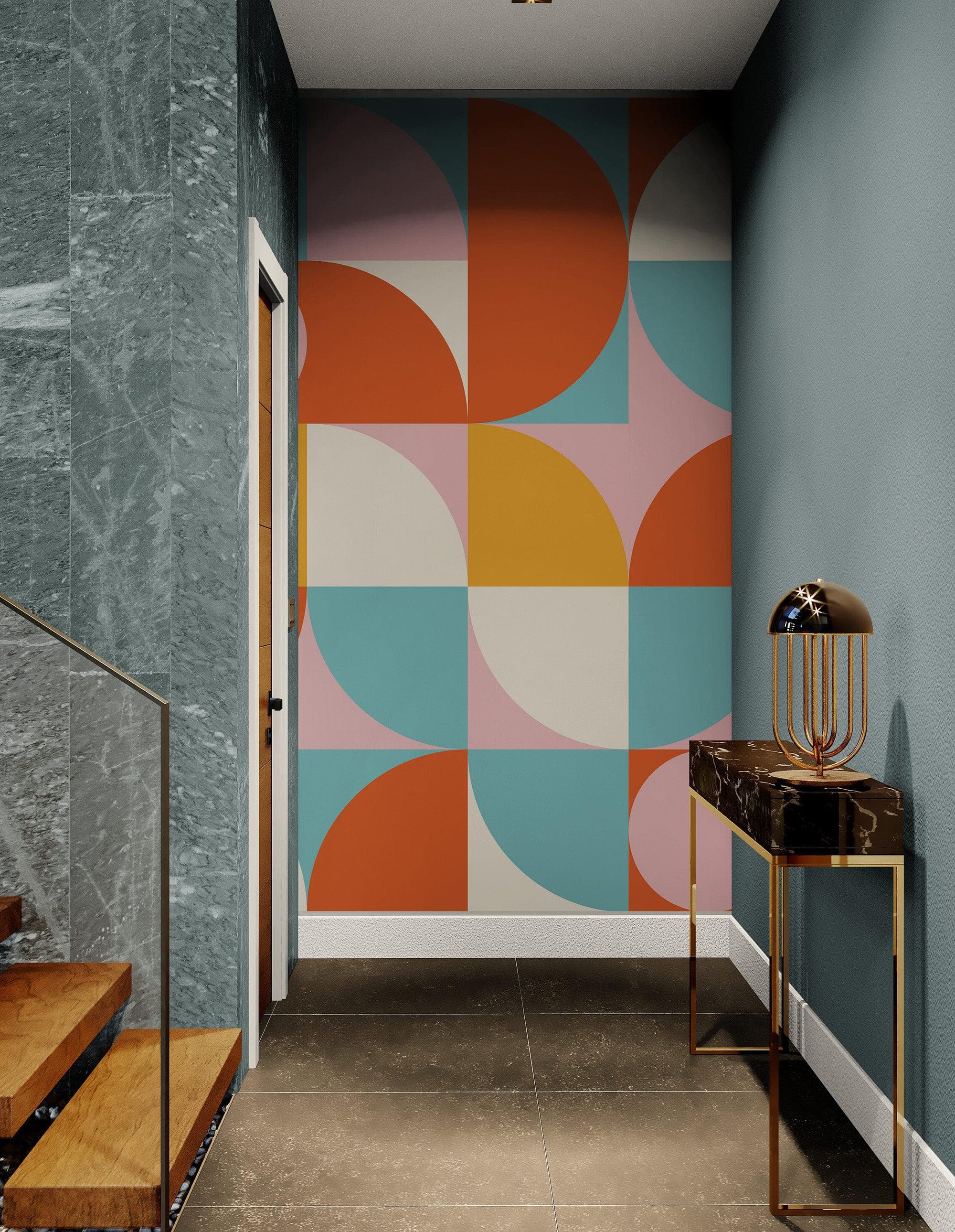 Geometric Shapes Contemporary Wall Mural. Pastel Color Orange, Pink, Blue, White. #7005 - Image 3