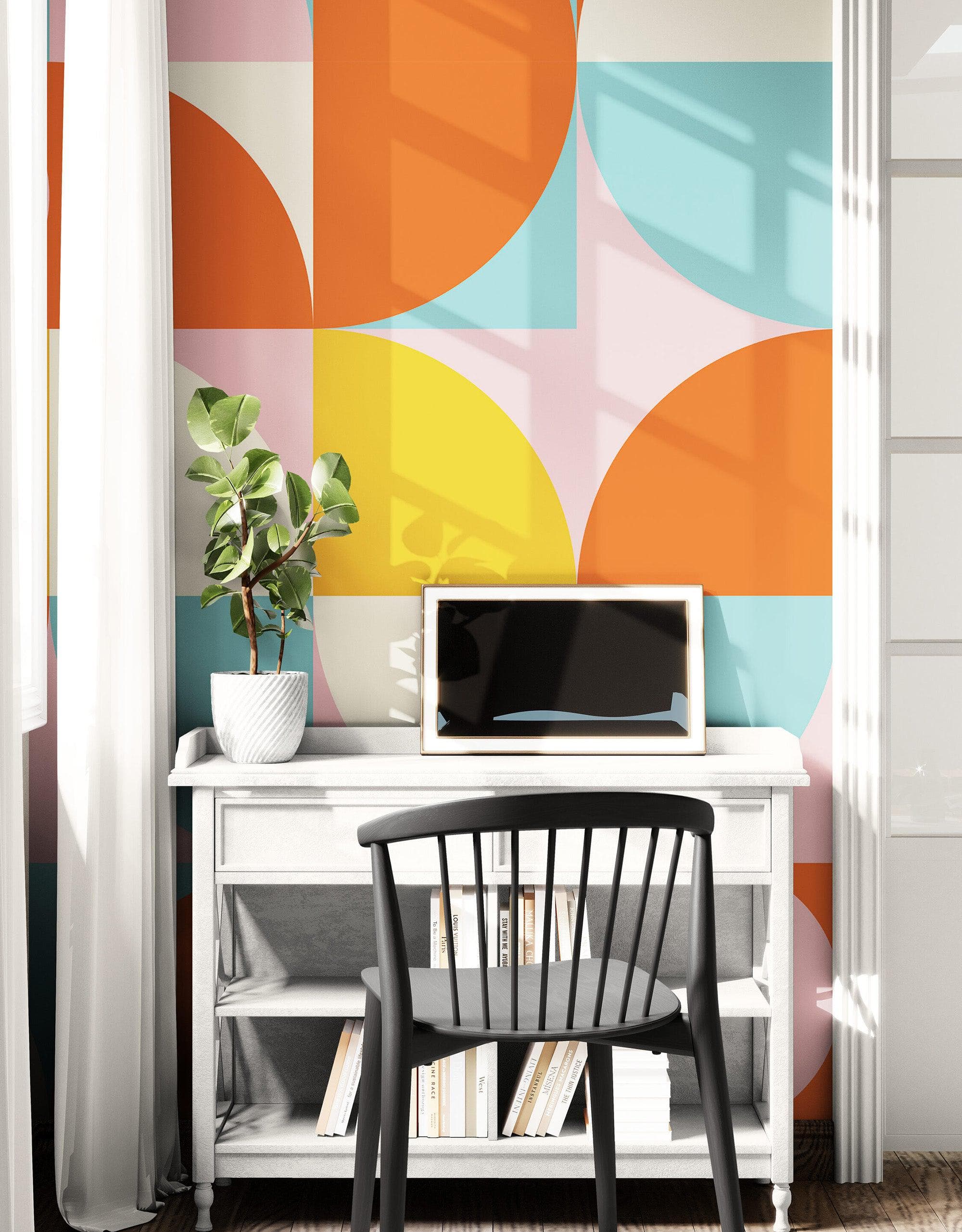 Geometric Shapes Contemporary Wall Mural. Pastel Color Orange, Pink, Blue, White. #7005 - Image 4