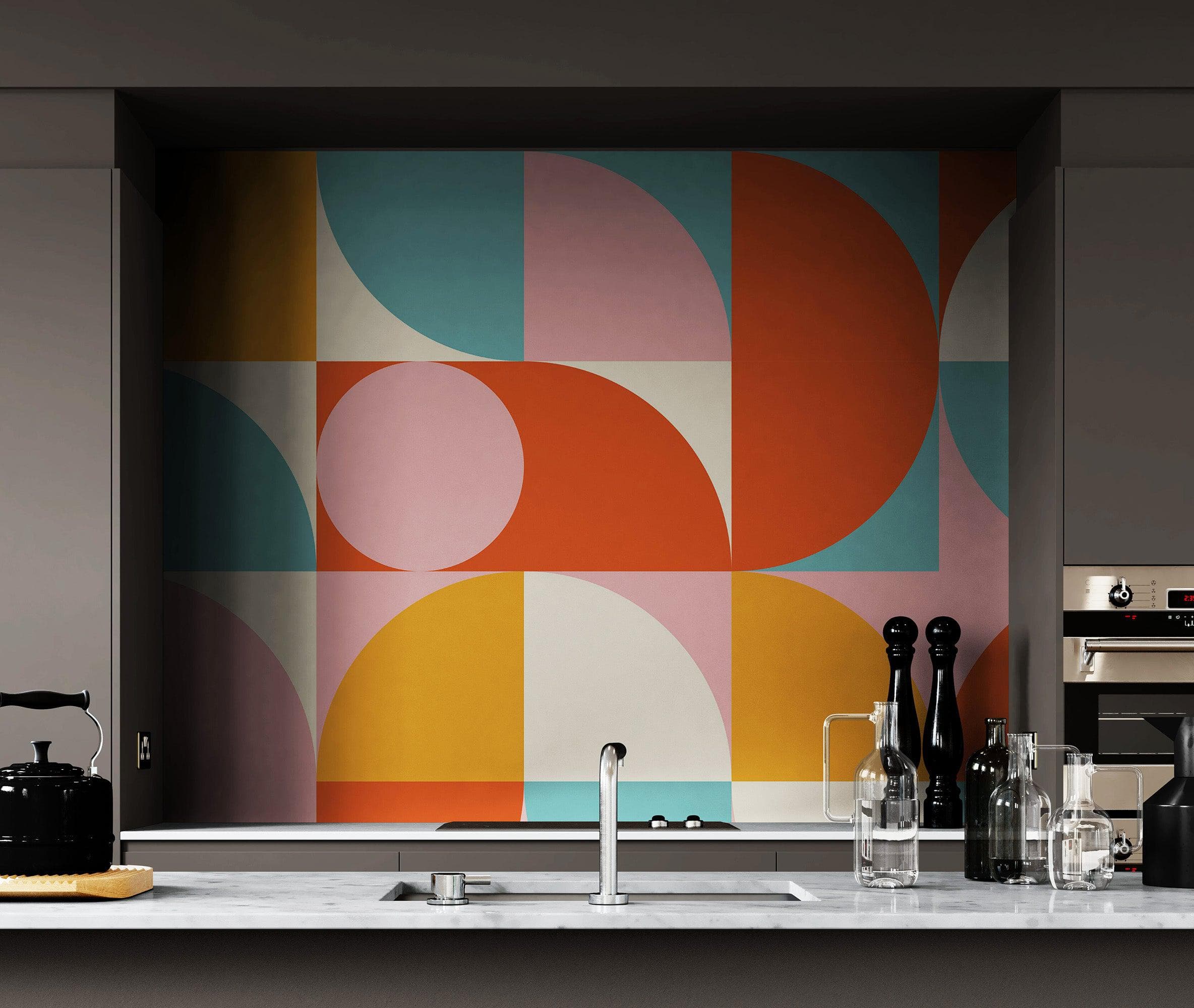 Geometric Shapes Contemporary Wall Mural. Pastel Color Orange, Pink, Blue, White. #7005 - Image 6