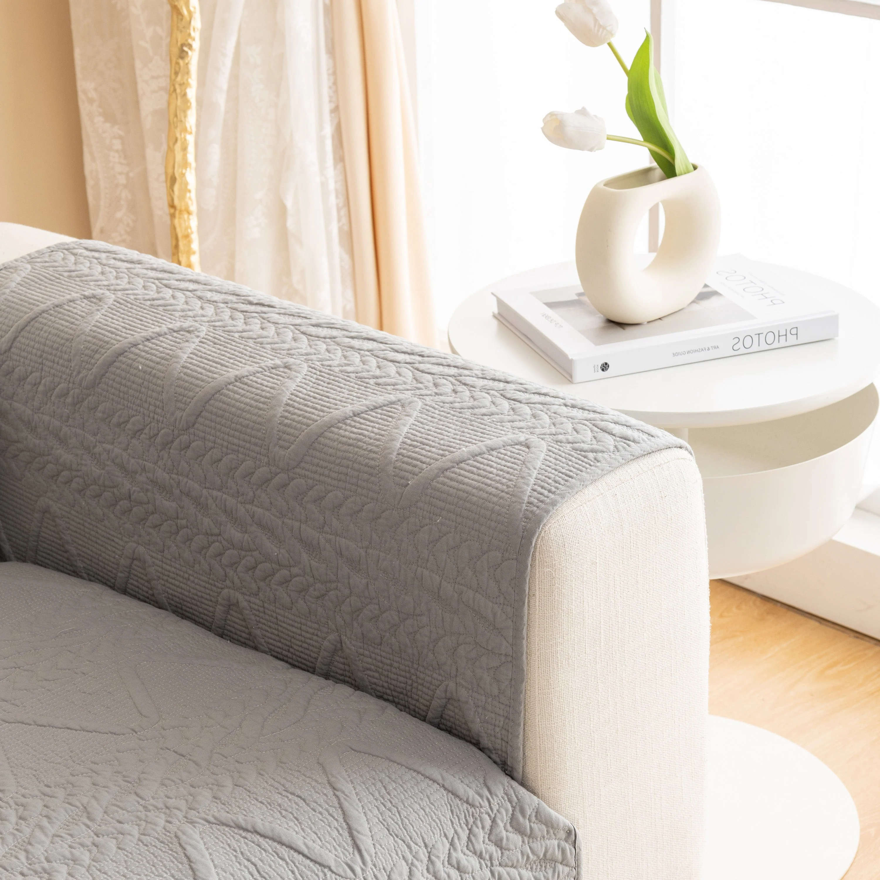 Geometric Textured Cotton Quilted Sofa Cover, Non-Slip Washable Couch Protector - Image 11