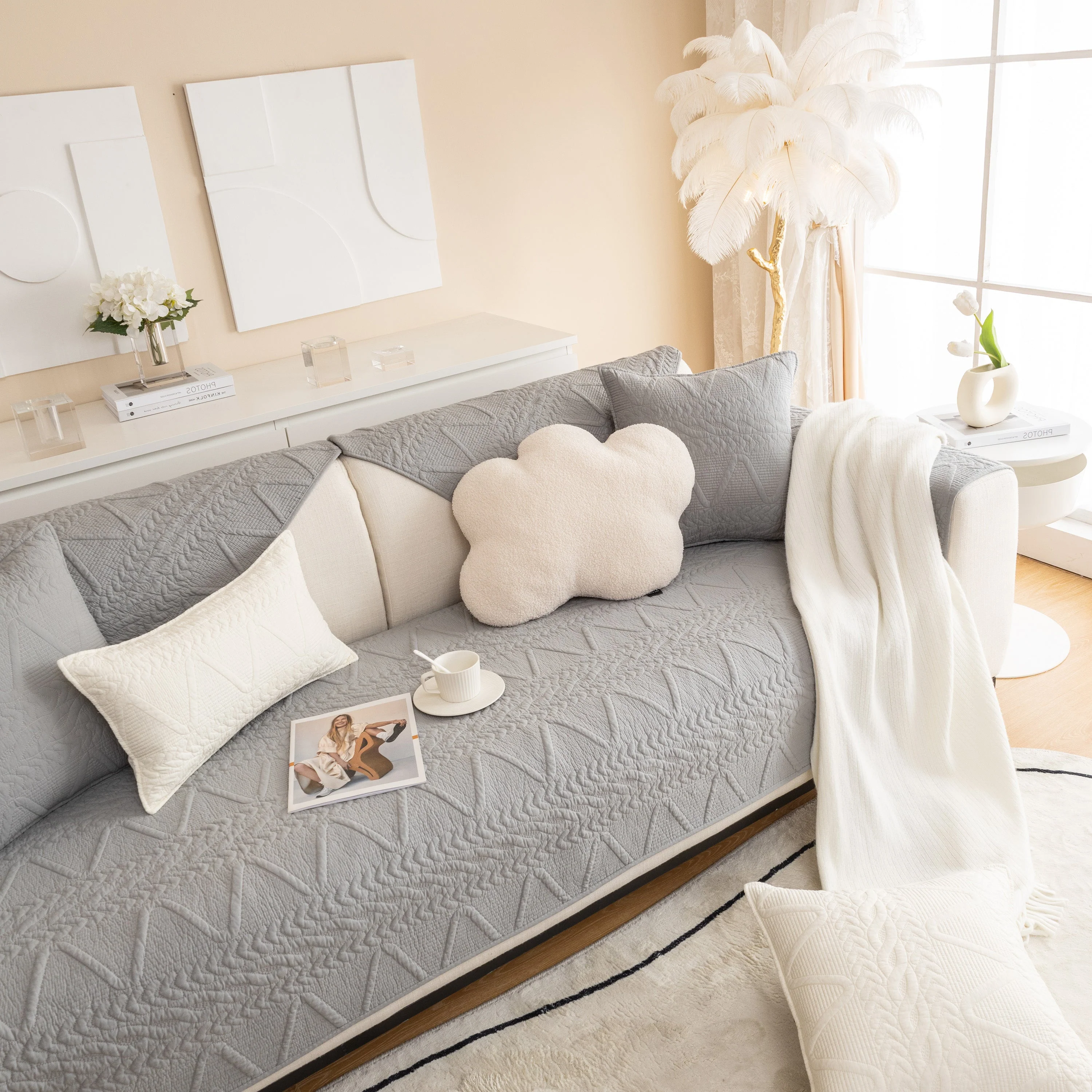 Geometric Textured Cotton Quilted Sofa Cover, Non-Slip Washable Couch Protector - Image 14