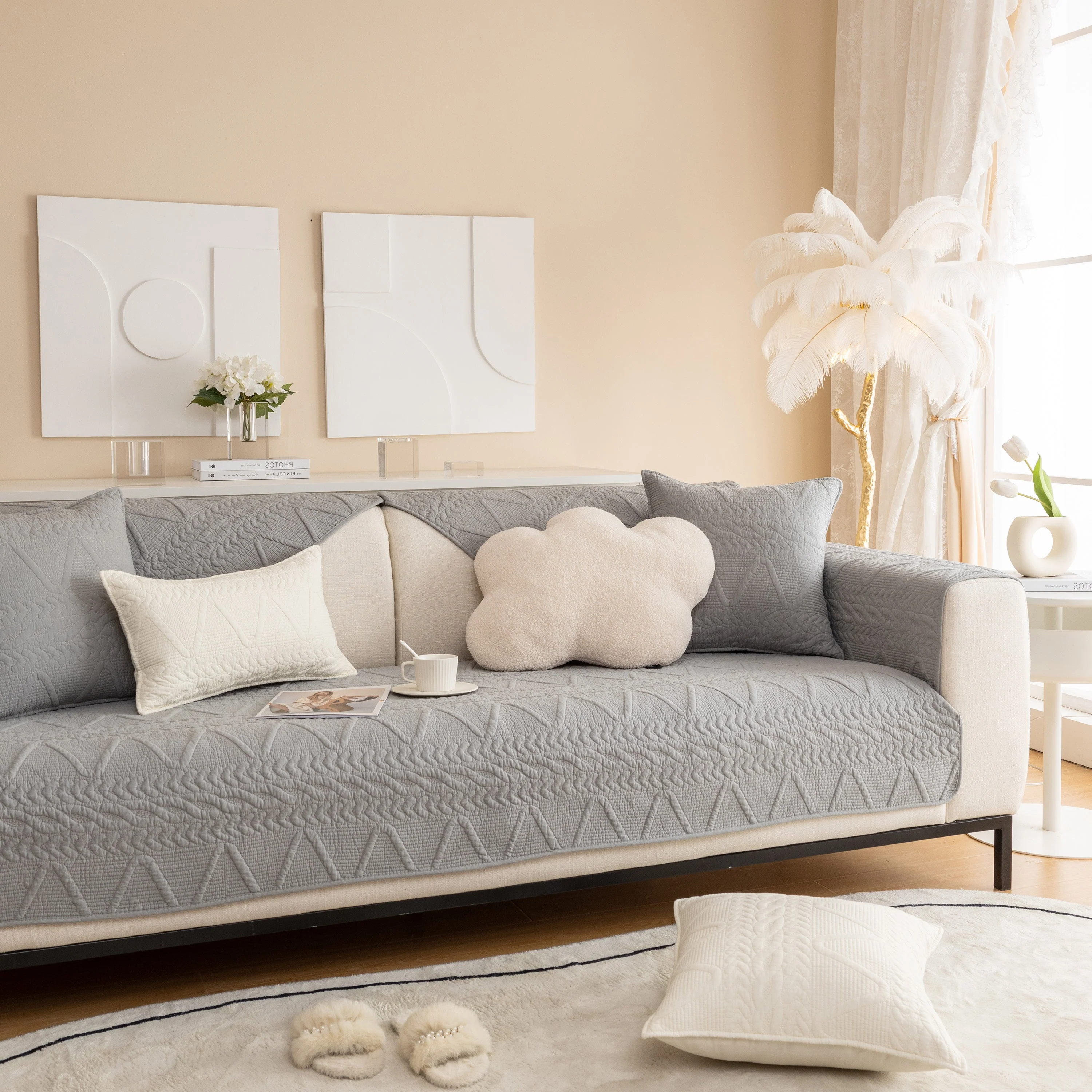 Geometric Textured Cotton Quilted Sofa Cover, Non-Slip Washable Couch Protector - Image 15