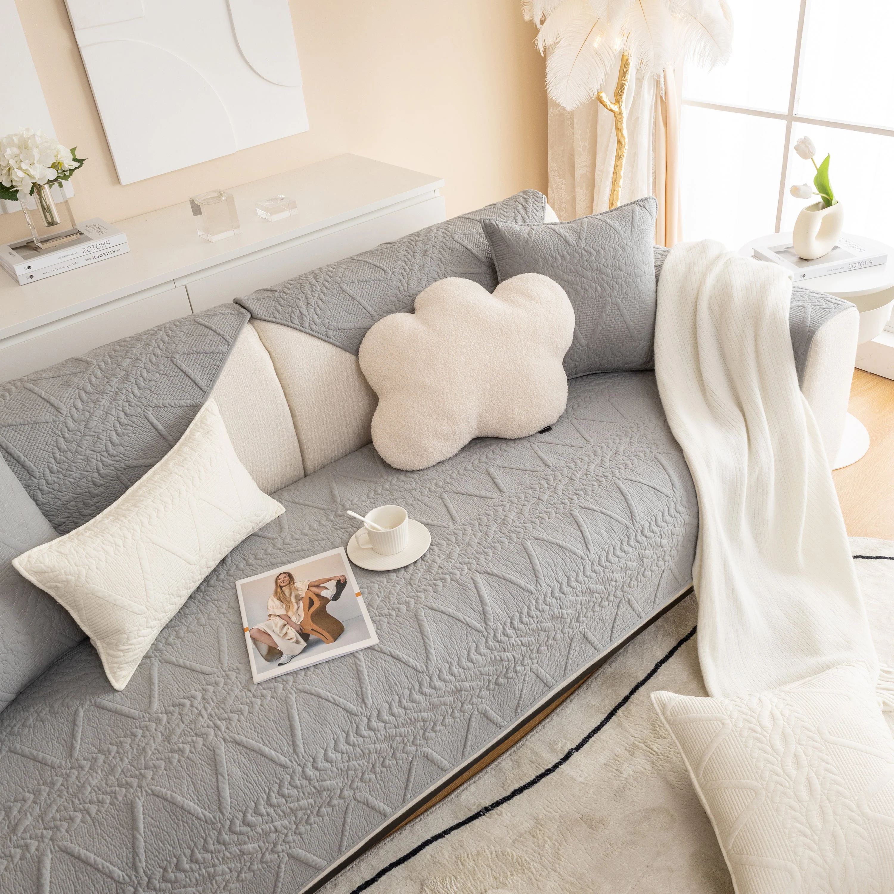 Geometric Textured Cotton Quilted Sofa Cover, Non-Slip Washable Couch Protector - Image 16