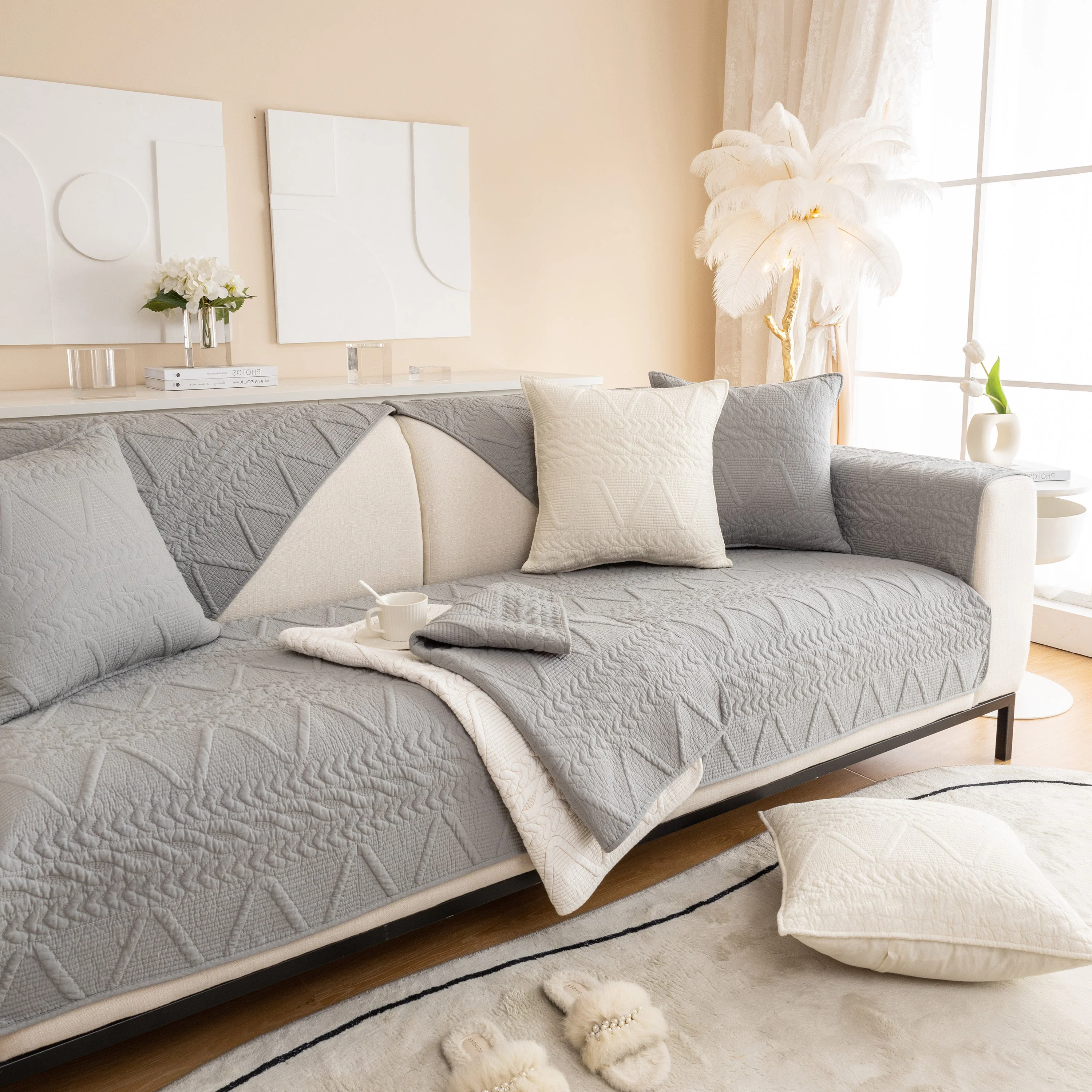 Geometric Textured Cotton Quilted Sofa Cover, Non-Slip Washable Couch Protector - Image 17