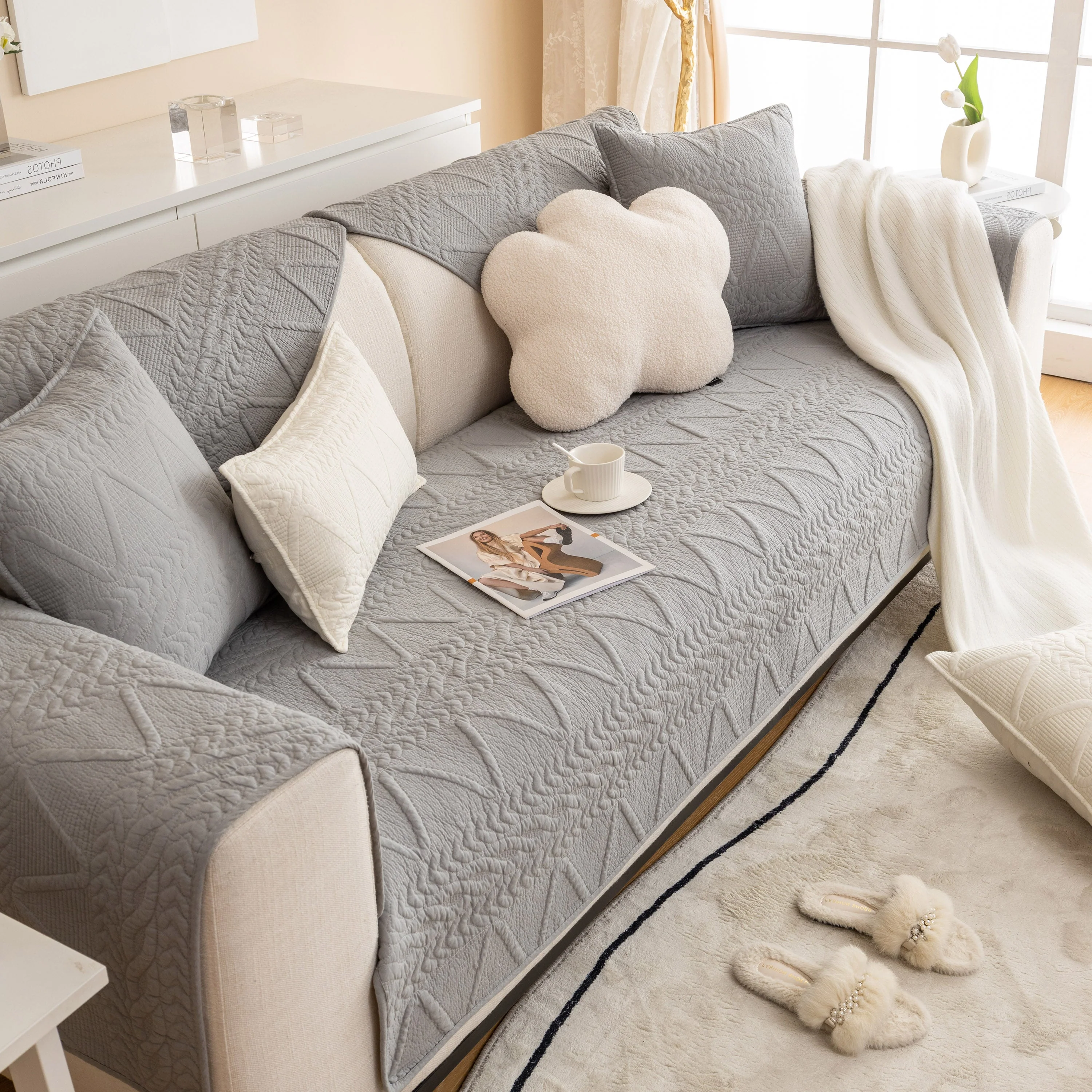 Geometric Textured Cotton Quilted Sofa Cover, Non-Slip Washable Couch Protector - Image 18