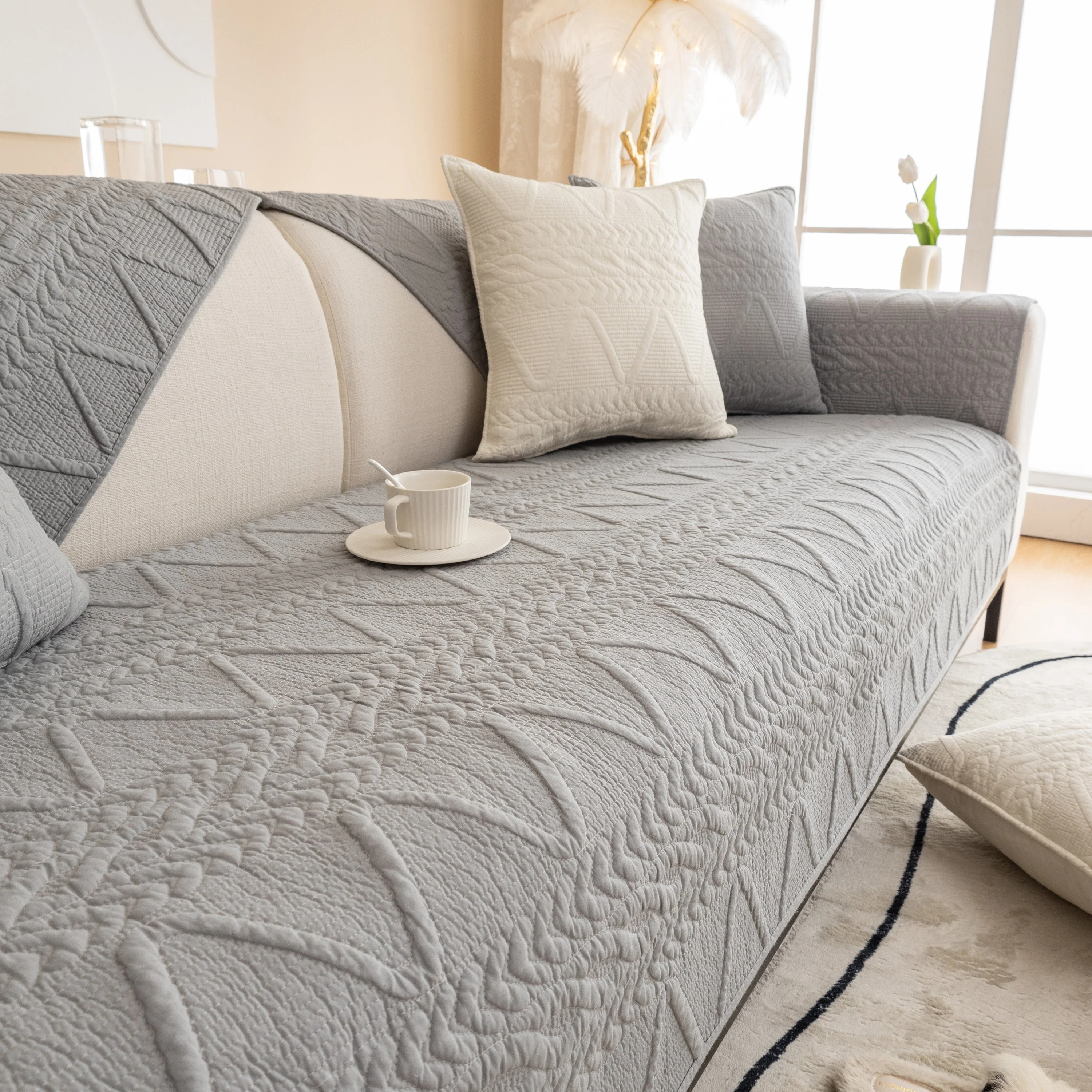 Geometric Textured Cotton Quilted Sofa Cover, Non-Slip Washable Couch Protector - Image 19