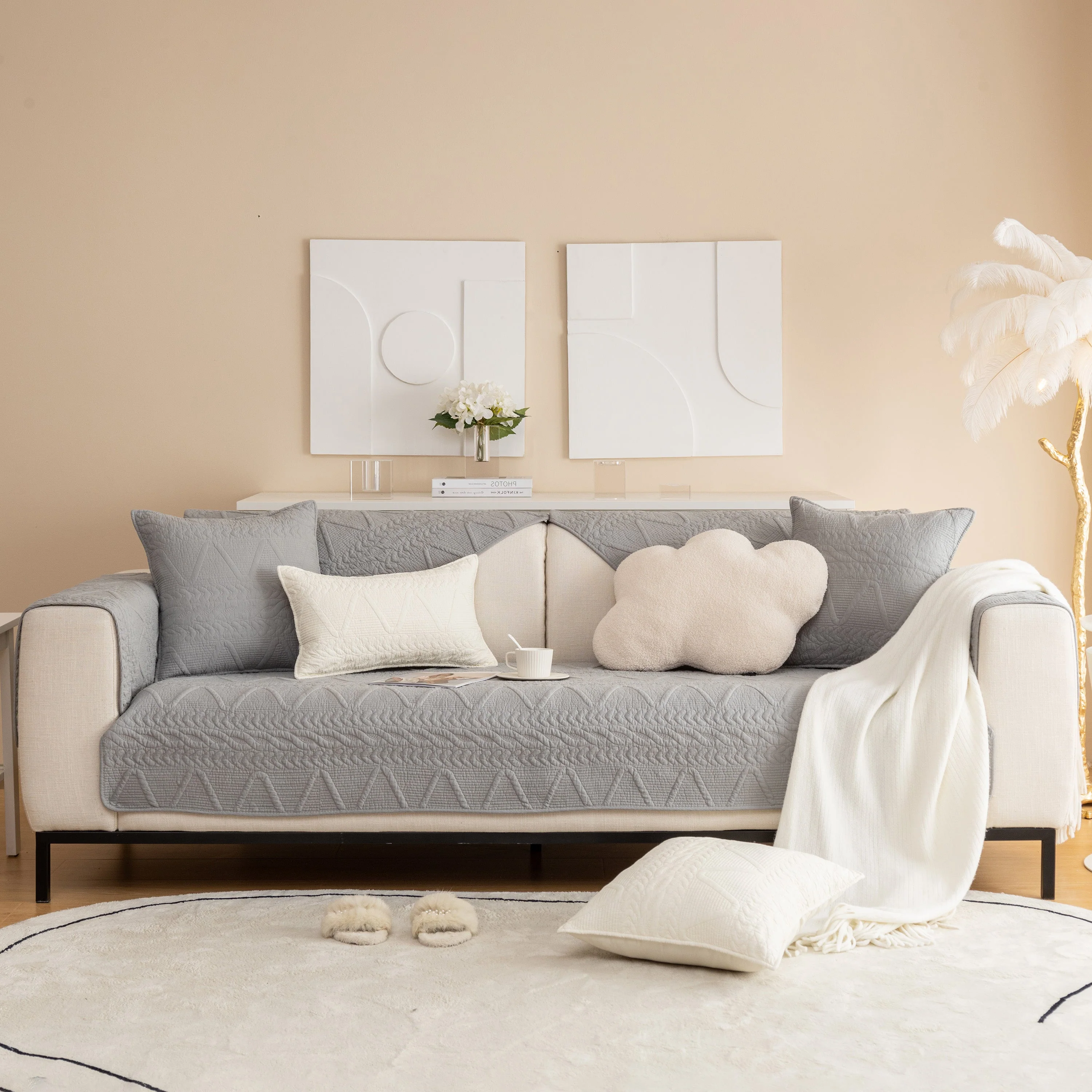 Geometric Textured Cotton Quilted Sofa Cover, Non-Slip Washable Couch Protector - Image 2