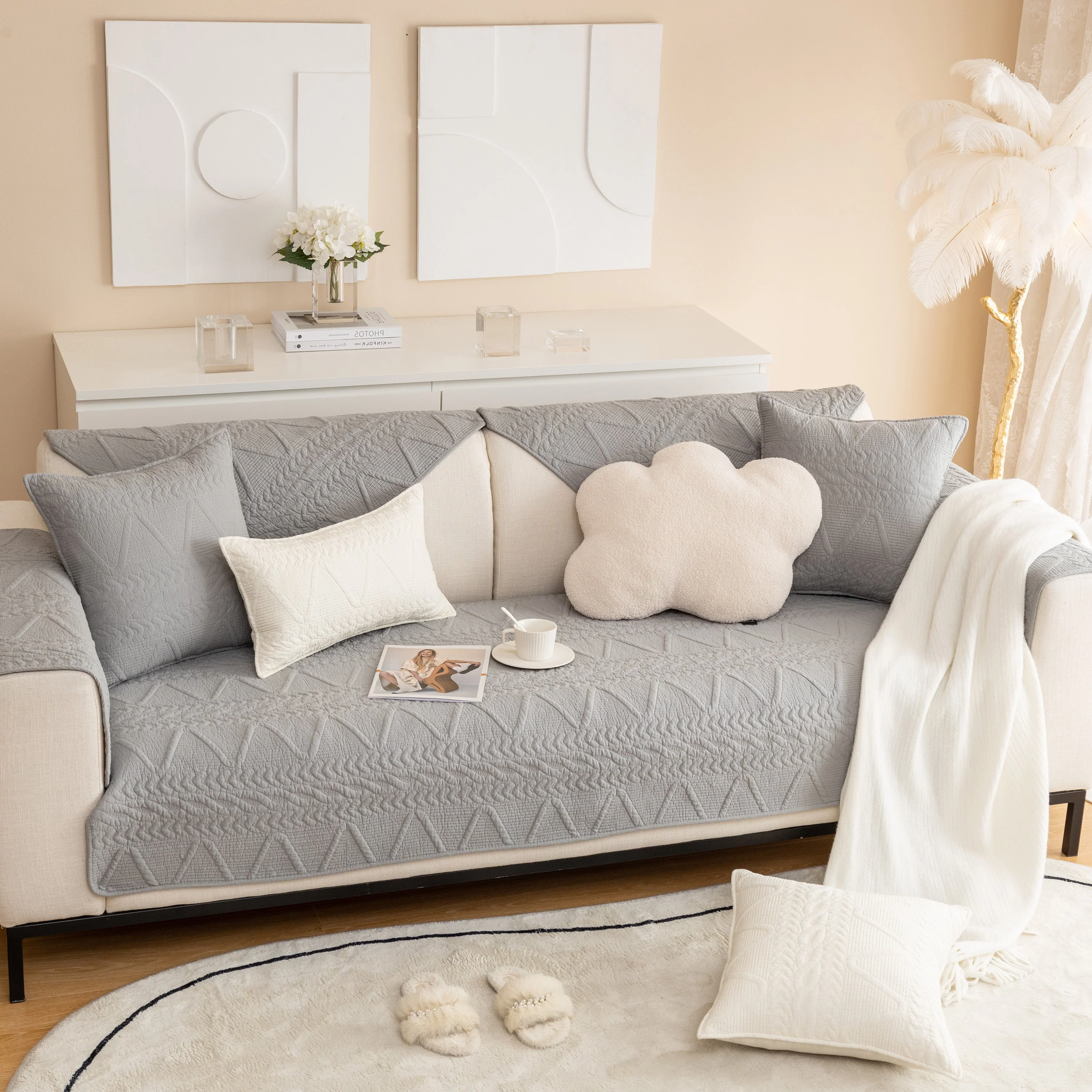 Geometric Textured Cotton Quilted Sofa Cover, Non-Slip Washable Couch Protector - Image 20