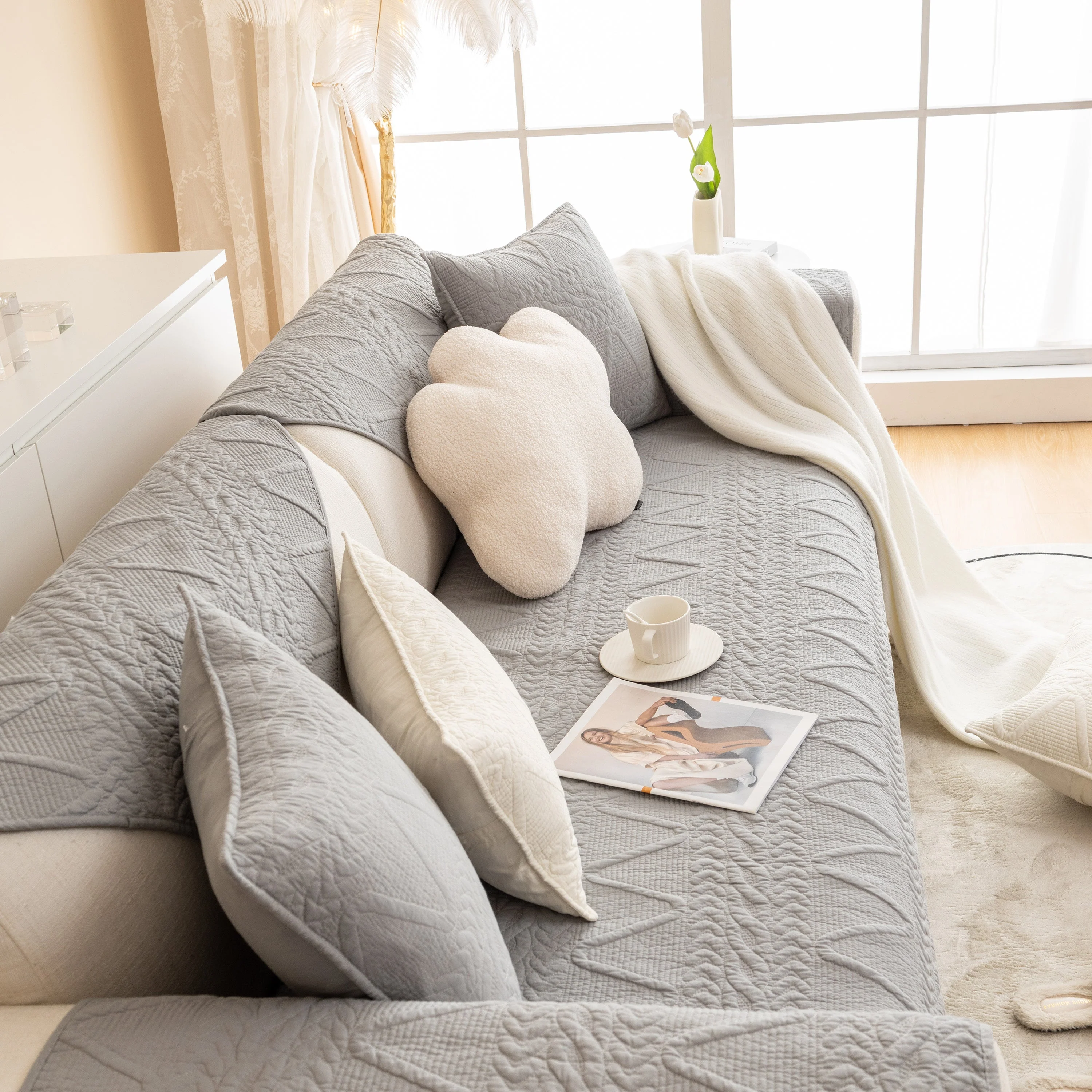 Geometric Textured Cotton Quilted Sofa Cover, Non-Slip Washable Couch Protector - Image 21