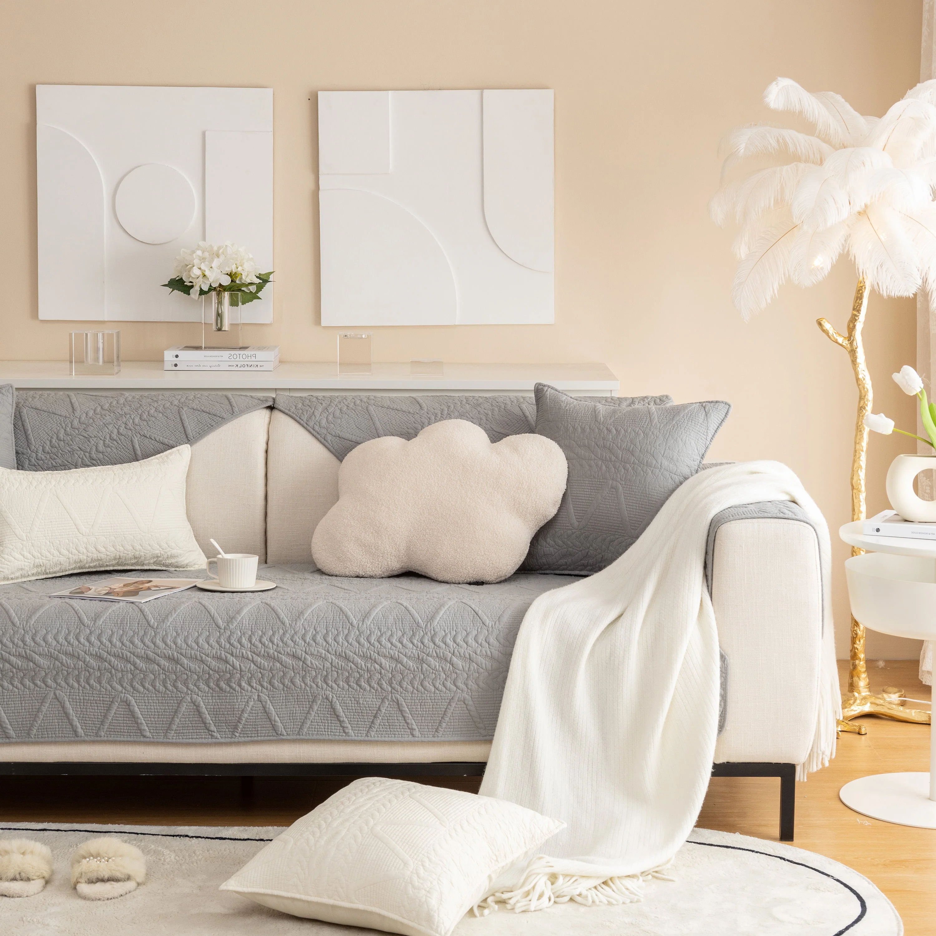 Geometric Textured Cotton Quilted Sofa Cover, Non-Slip Washable Couch Protector - Image 22