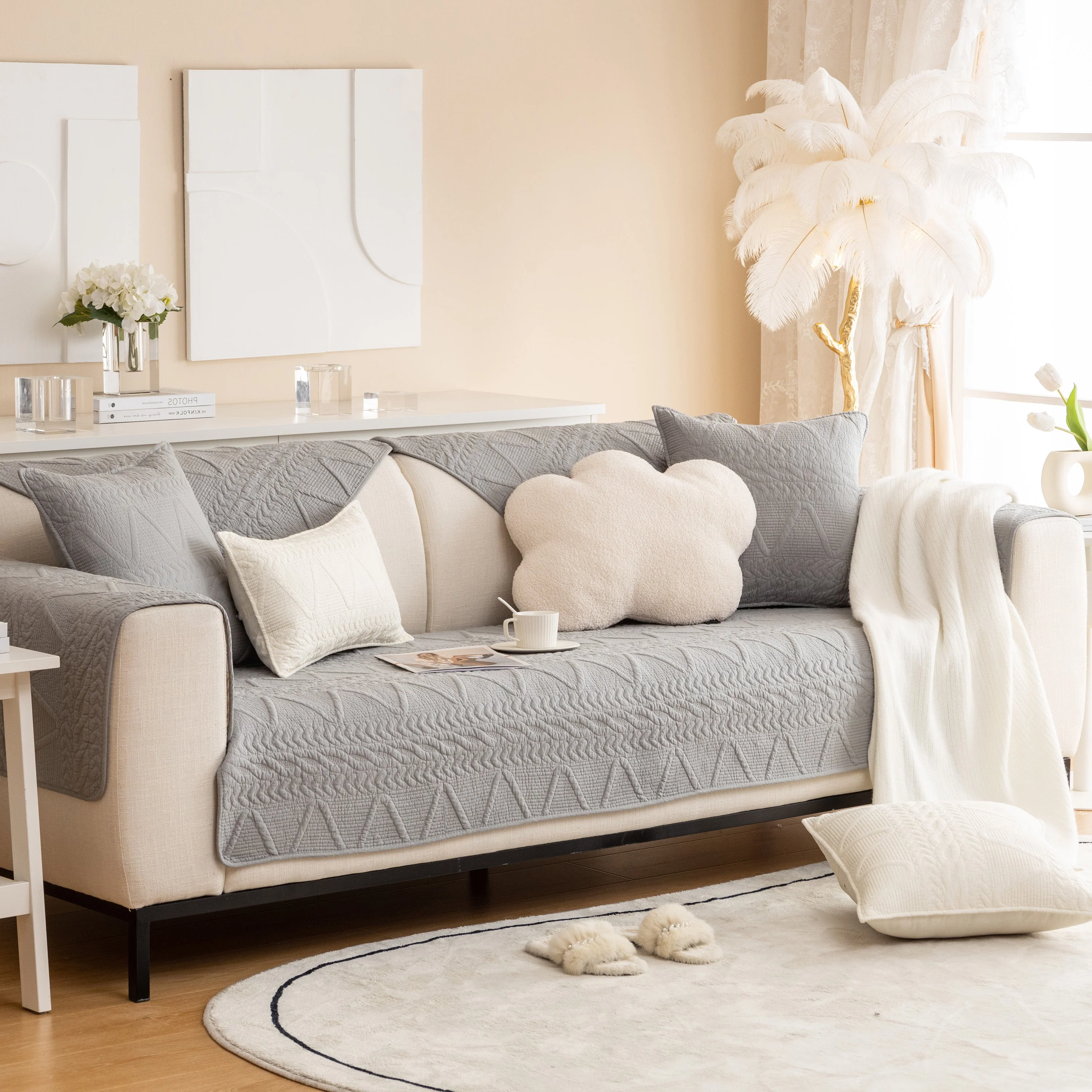 Geometric Textured Cotton Quilted Sofa Cover, Non-Slip Washable Couch Protector - Image 23