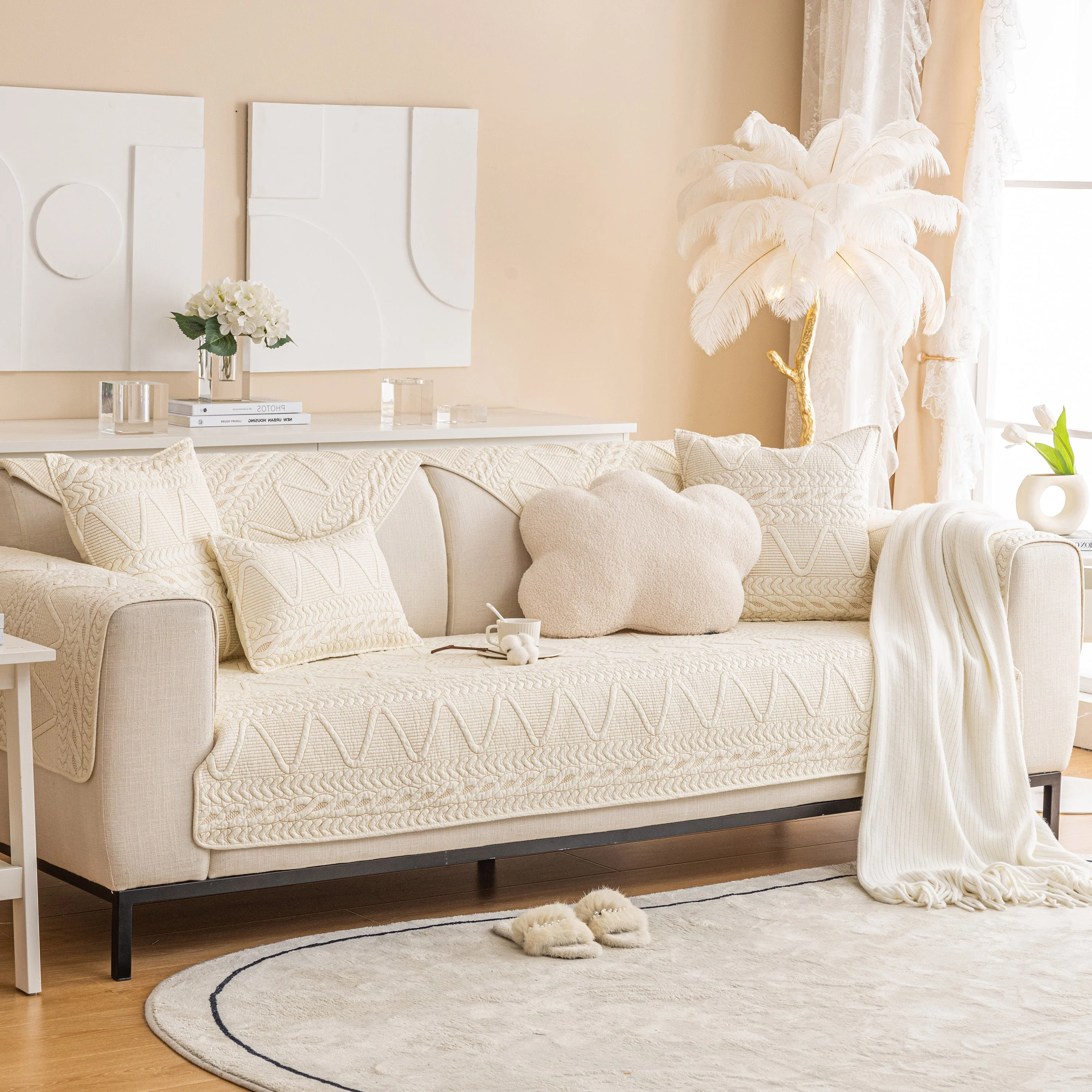Geometric Textured Cotton Quilted Sofa Cover, Non-Slip Washable Couch Protector - Image 24