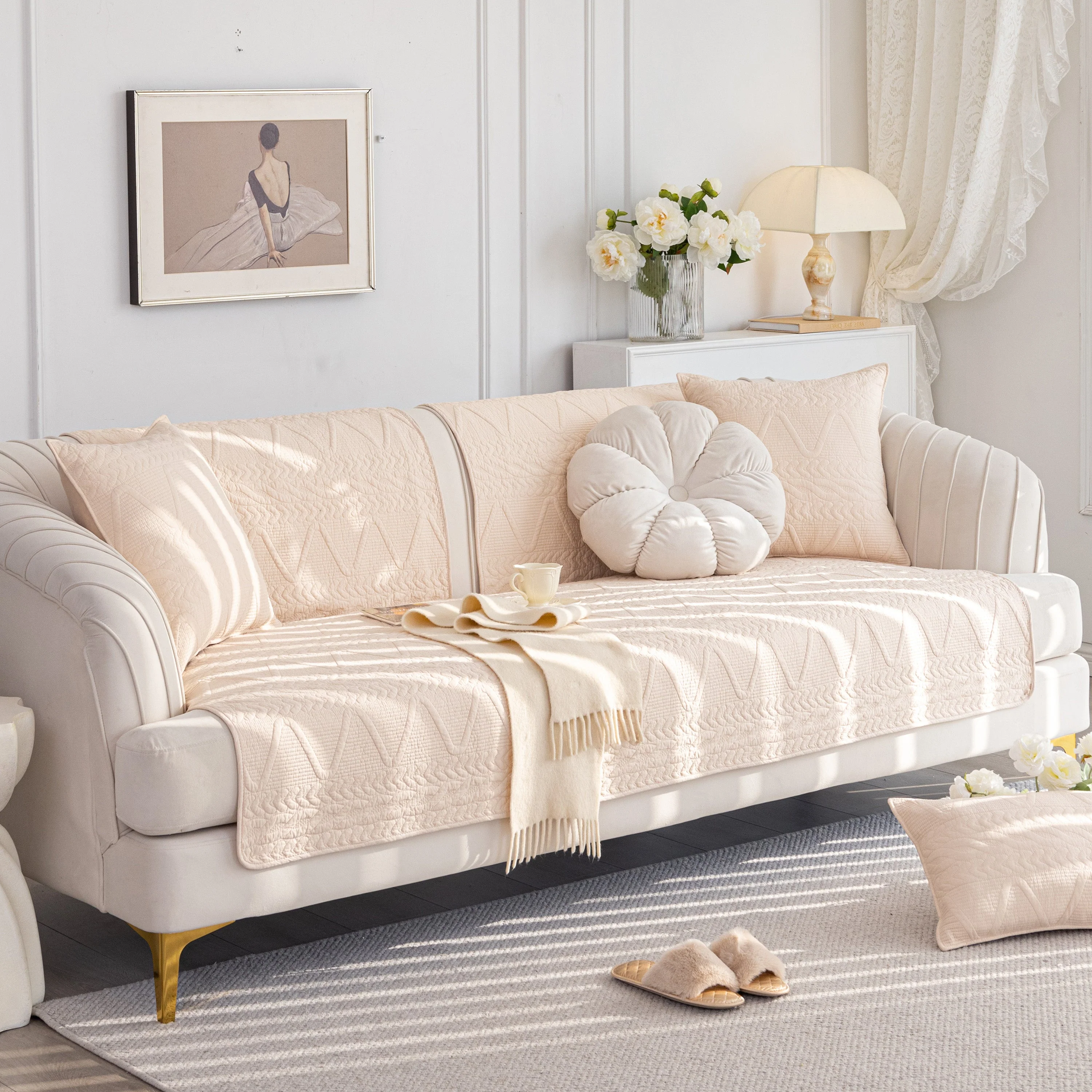 Geometric Textured Cotton Quilted Sofa Cover, Non-Slip Washable Couch Protector - Image 25