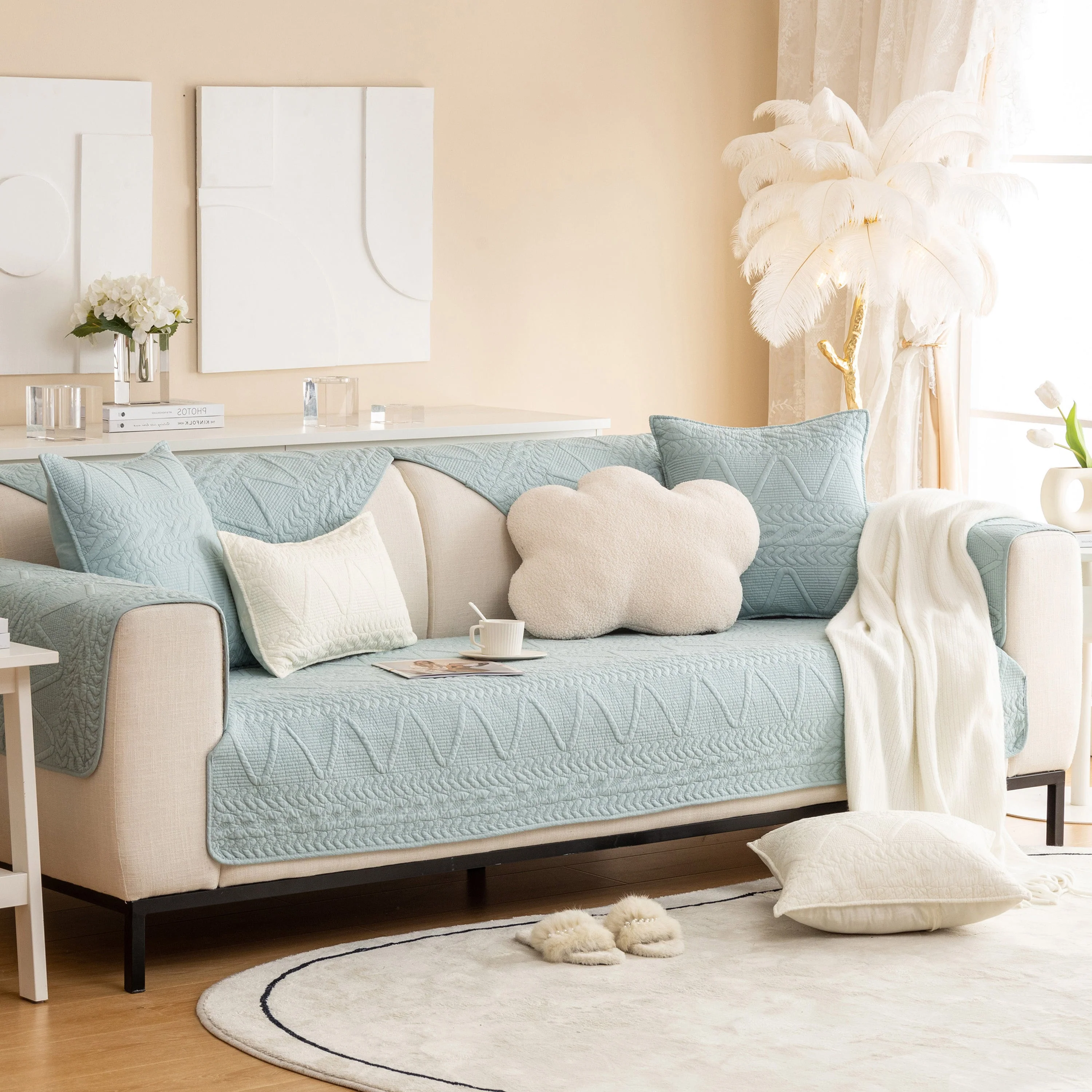 Geometric Textured Cotton Quilted Sofa Cover, Non-Slip Washable Couch Protector - Image 26