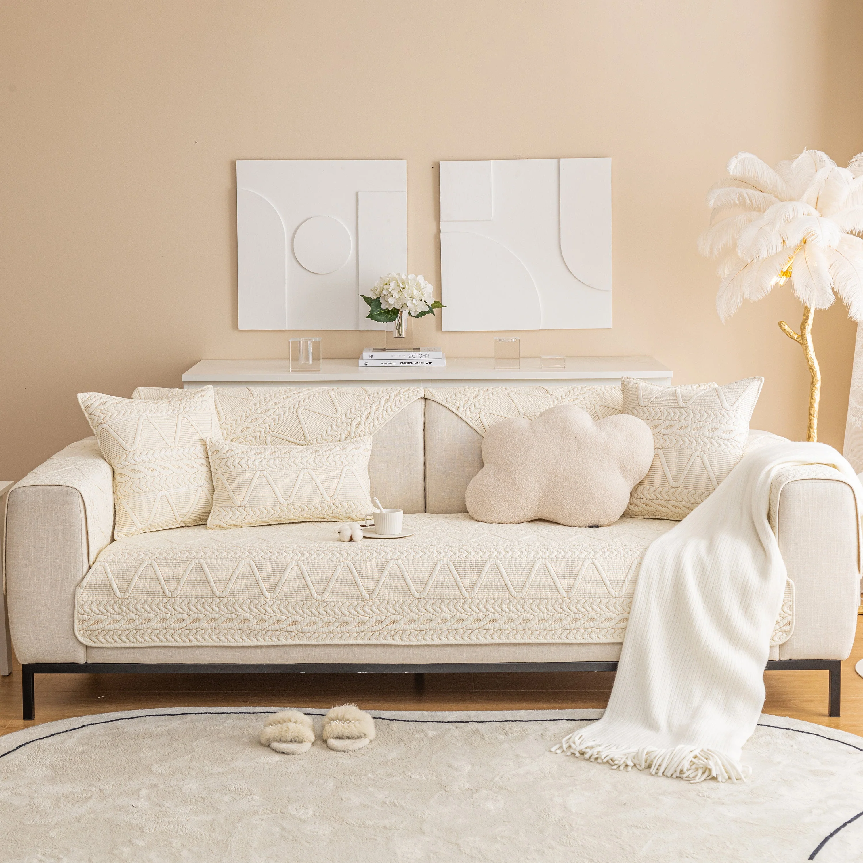 Geometric Textured Cotton Quilted Sofa Cover, Non-Slip Washable Couch Protector - Image 27
