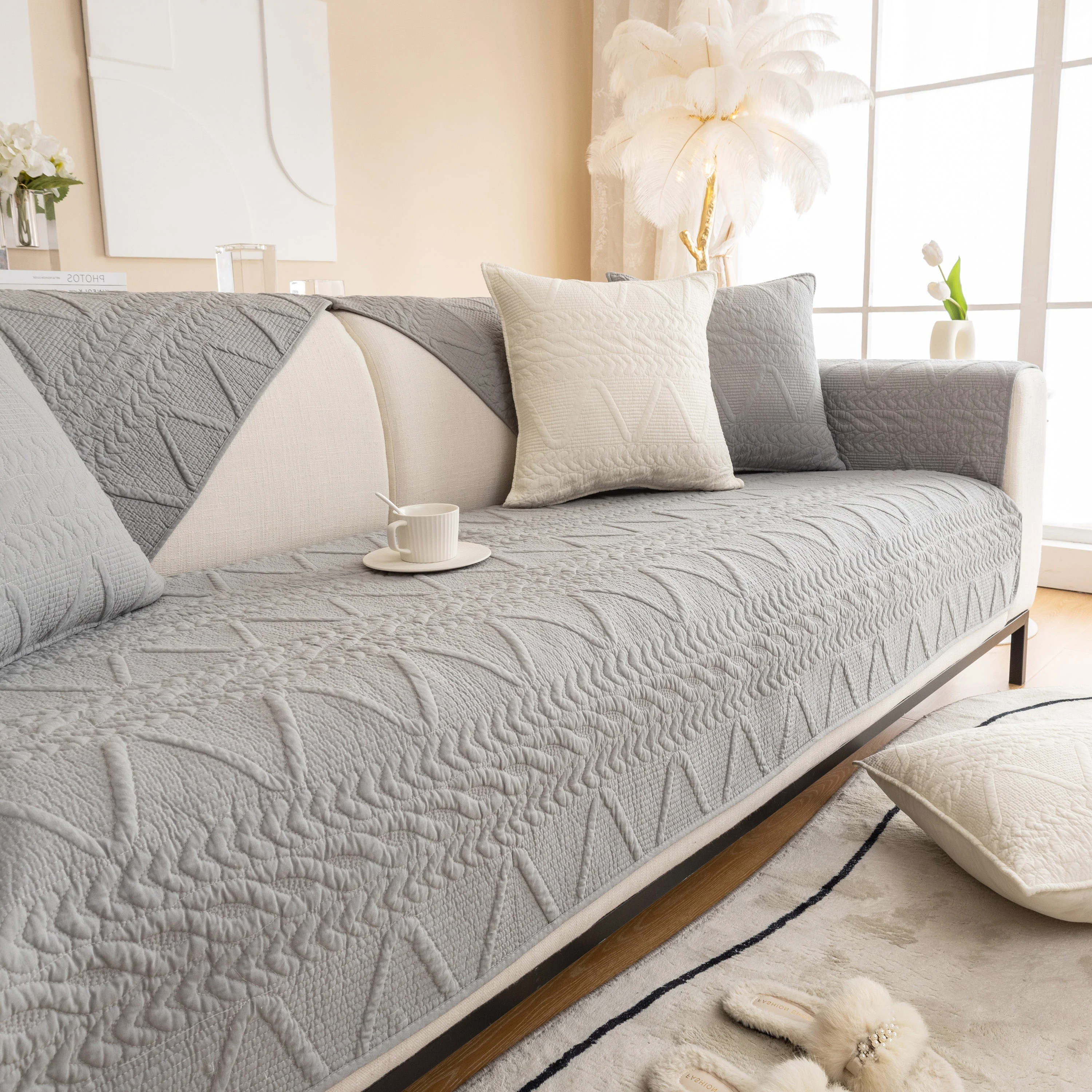 Geometric Textured Cotton Quilted Sofa Cover, Non-Slip Washable Couch Protector - Image 3