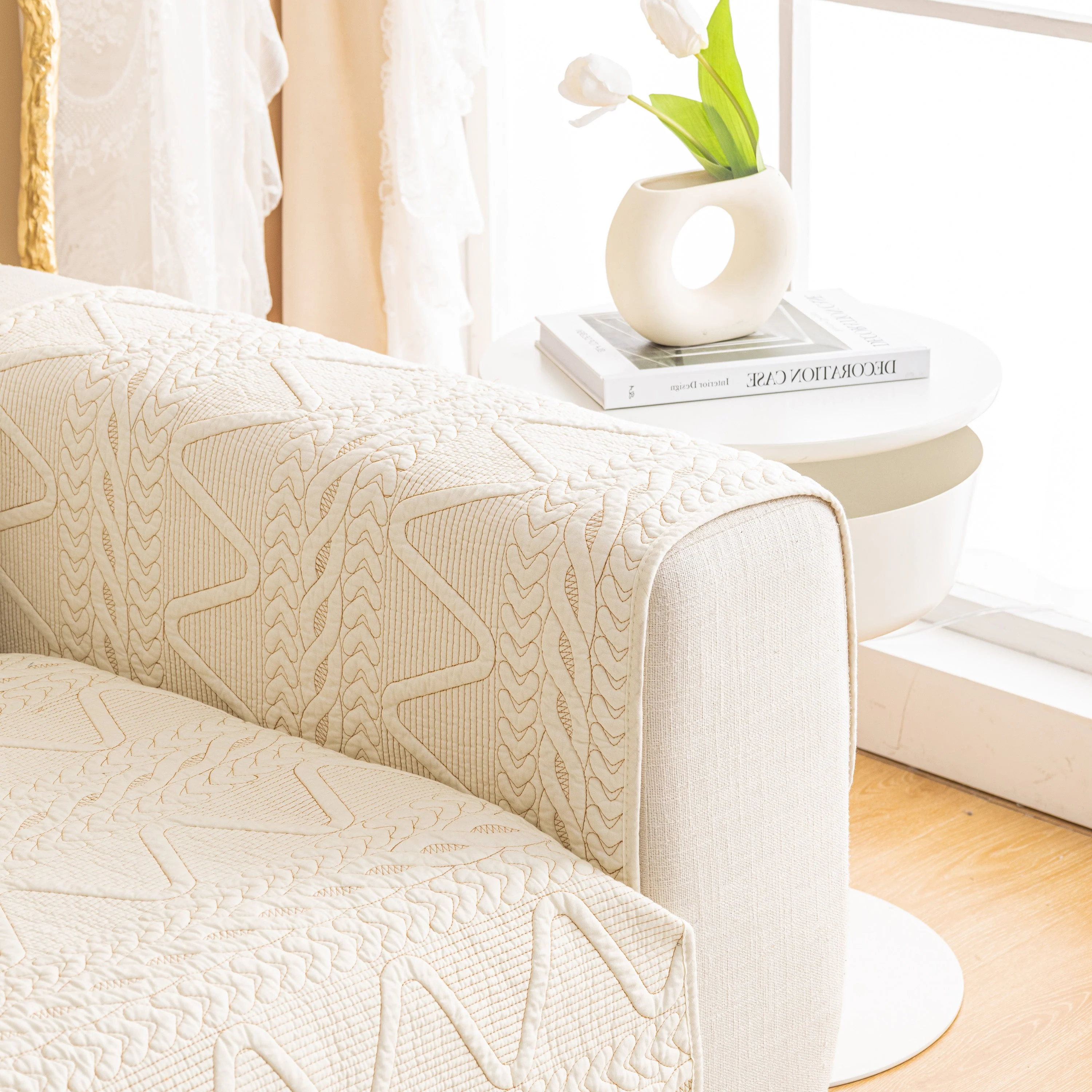 Geometric Textured Cotton Quilted Sofa Cover, Non-Slip Washable Couch Protector - Image 30