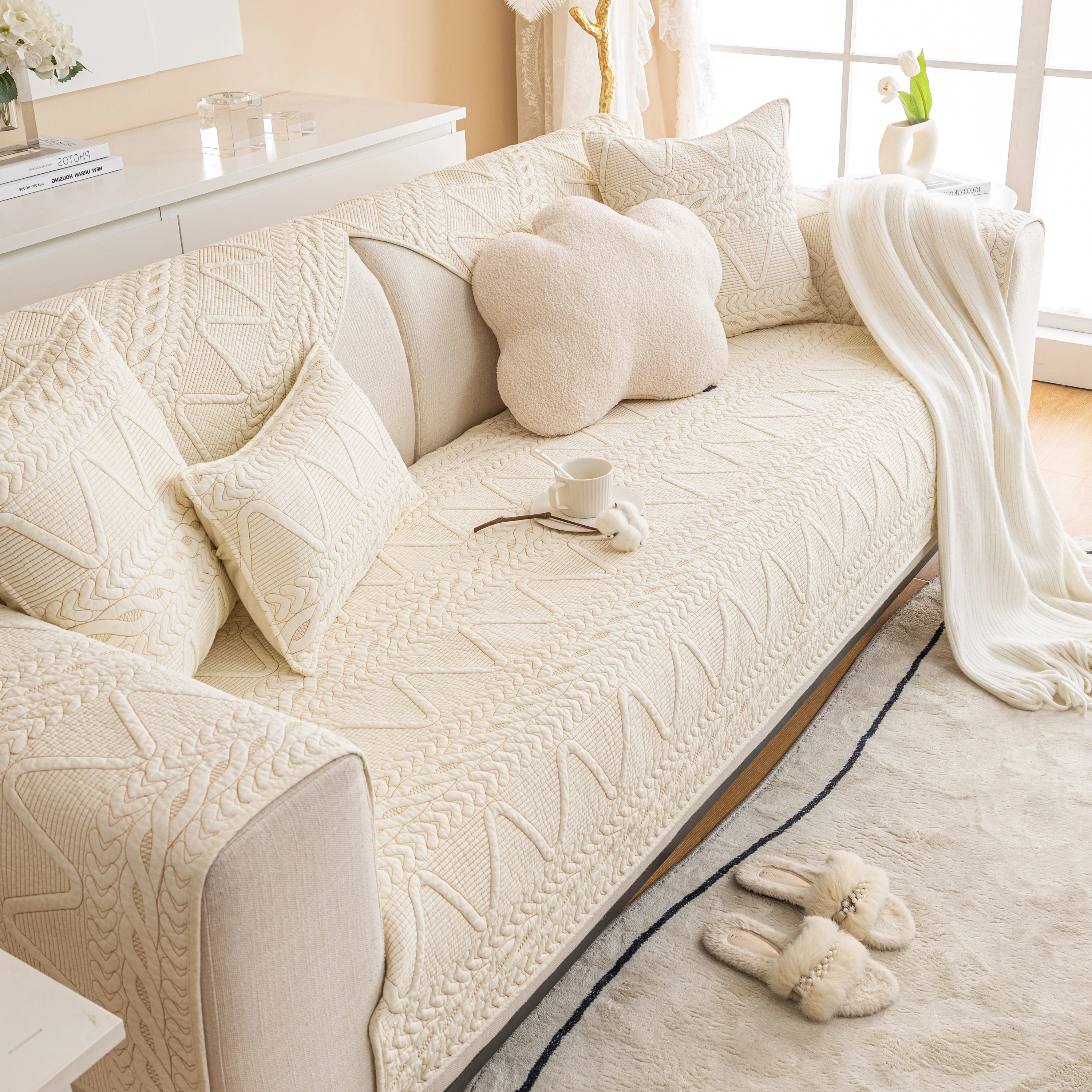 Geometric Textured Cotton Quilted Sofa Cover, Non-Slip Washable Couch Protector - Image 31