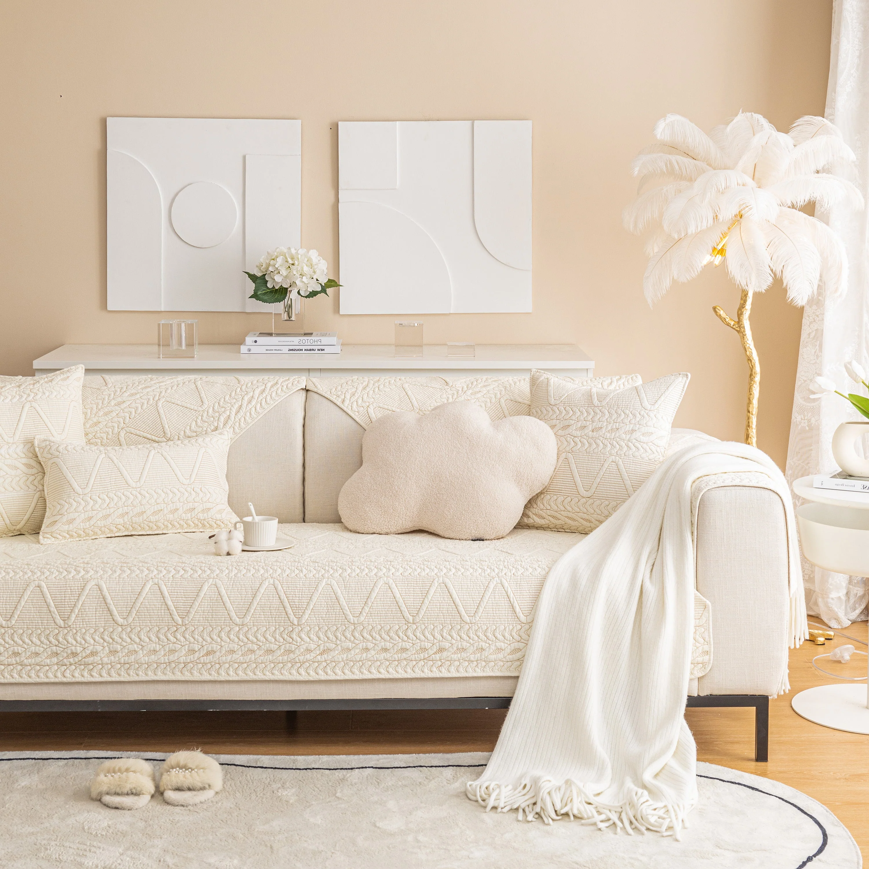 Geometric Textured Cotton Quilted Sofa Cover, Non-Slip Washable Couch Protector - Image 32