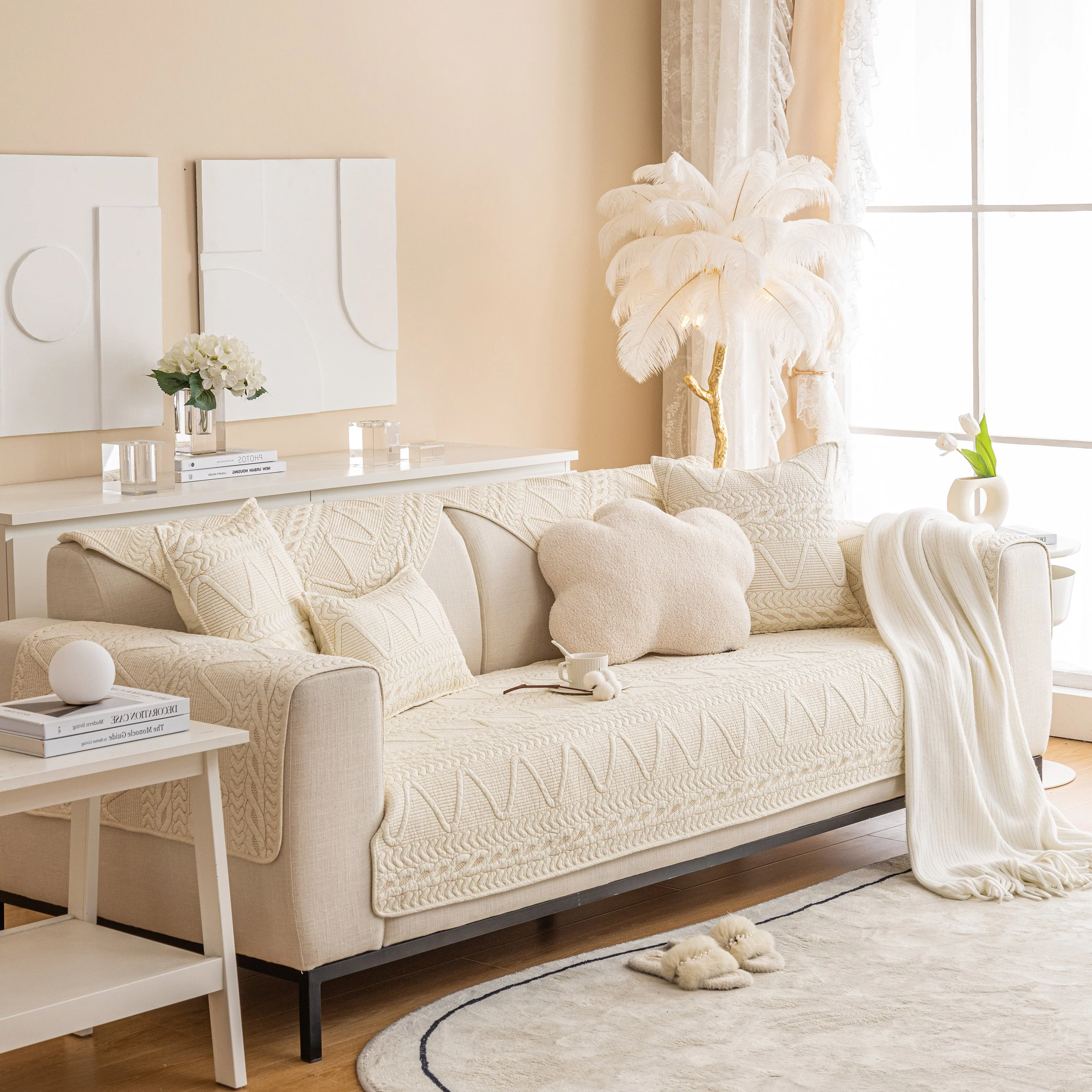 Geometric Textured Cotton Quilted Sofa Cover, Non-Slip Washable Couch Protector - Image 33