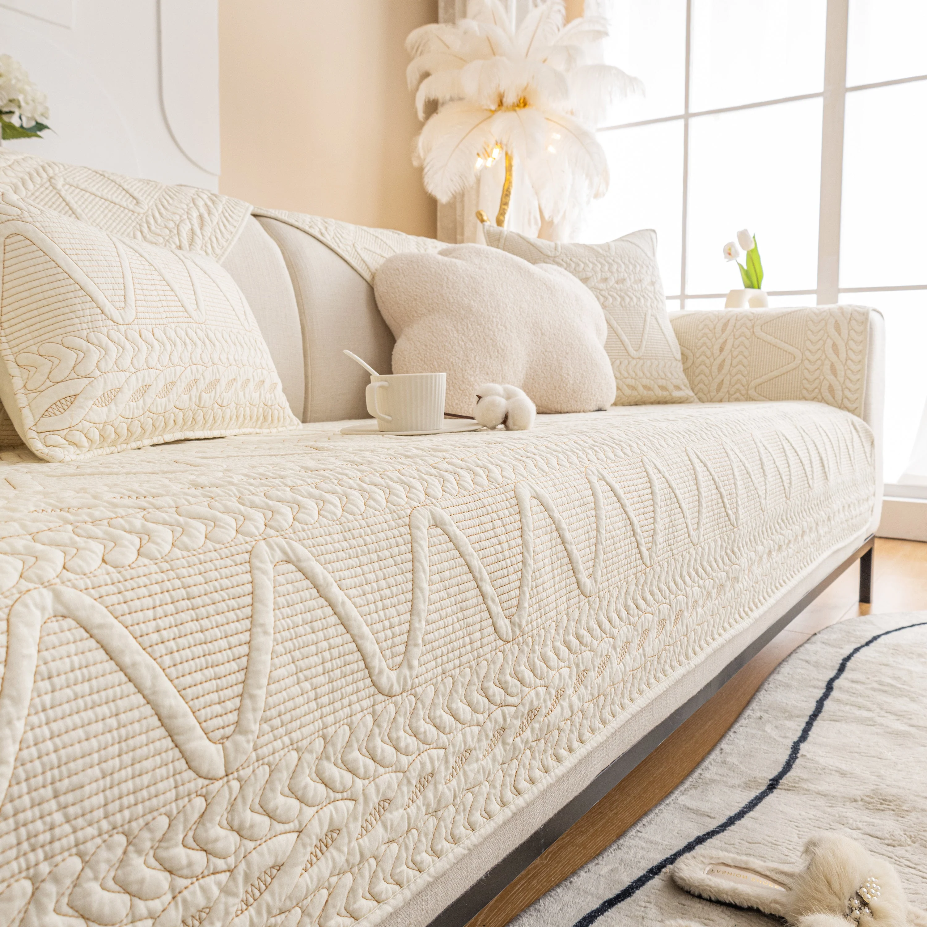 Geometric Textured Cotton Quilted Sofa Cover, Non-Slip Washable Couch Protector - Image 34
