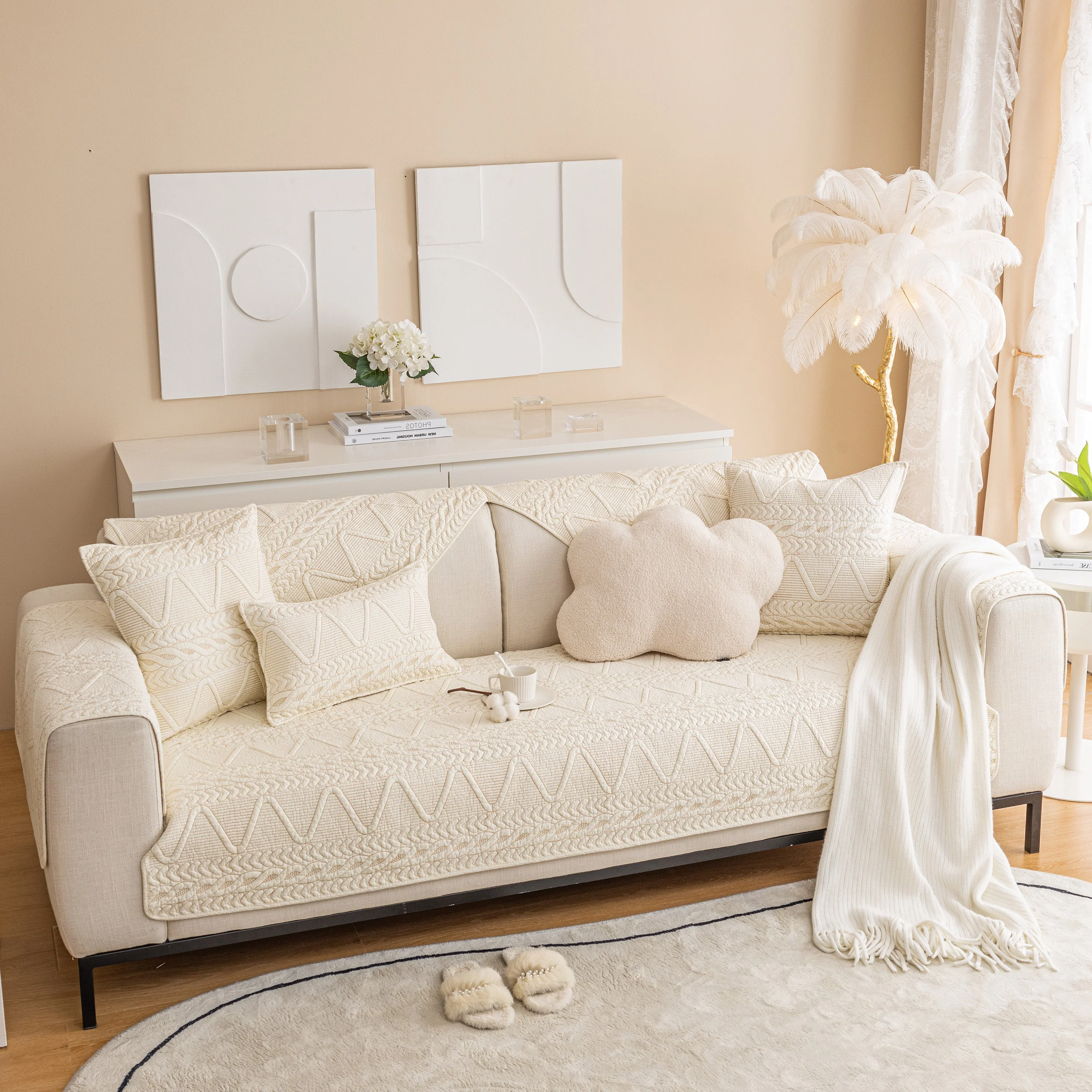 Geometric Textured Cotton Quilted Sofa Cover, Non-Slip Washable Couch Protector - Image 35