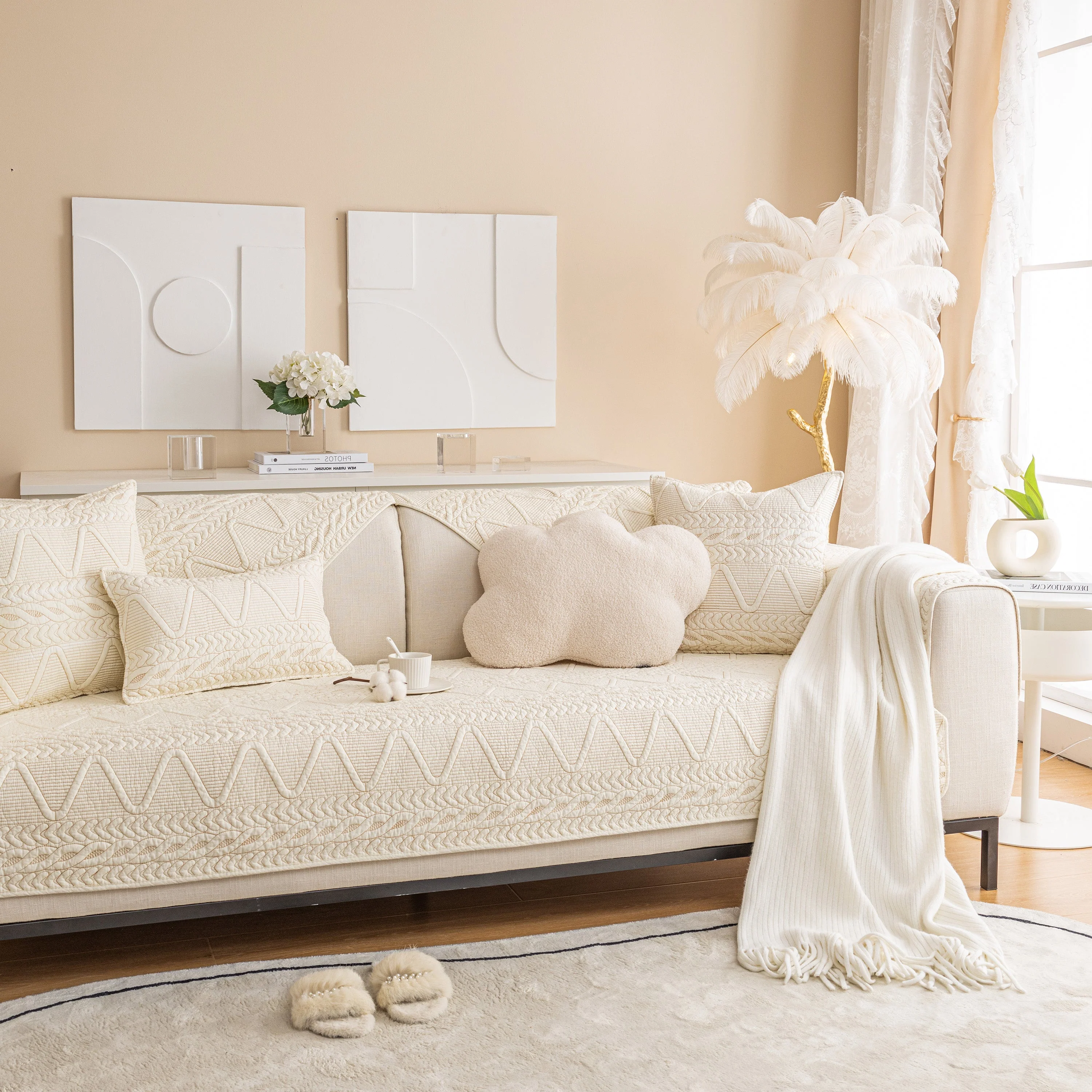 Geometric Textured Cotton Quilted Sofa Cover, Non-Slip Washable Couch Protector - Image 36