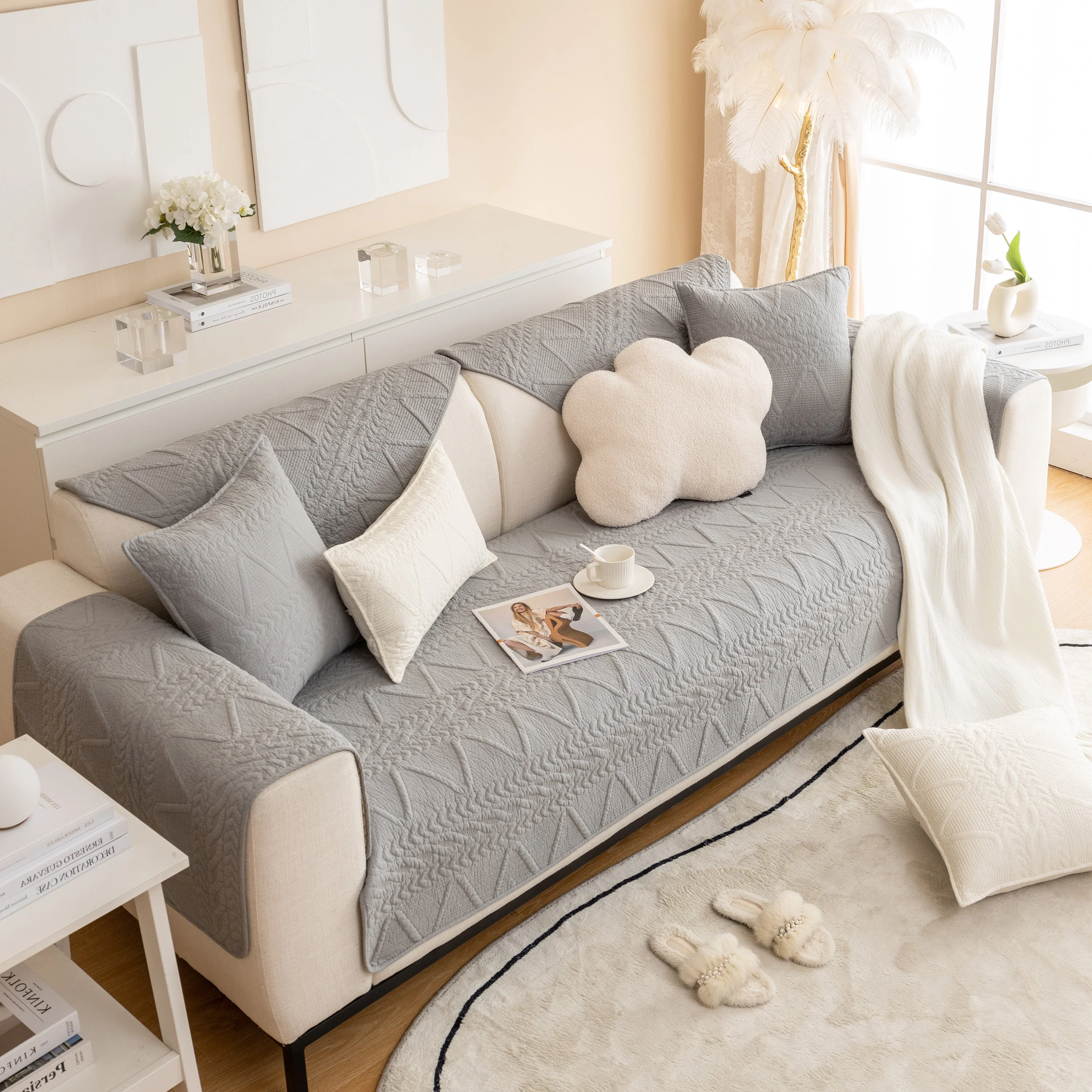 Geometric Textured Cotton Quilted Sofa Cover, Non-Slip Washable Couch Protector - Image 4