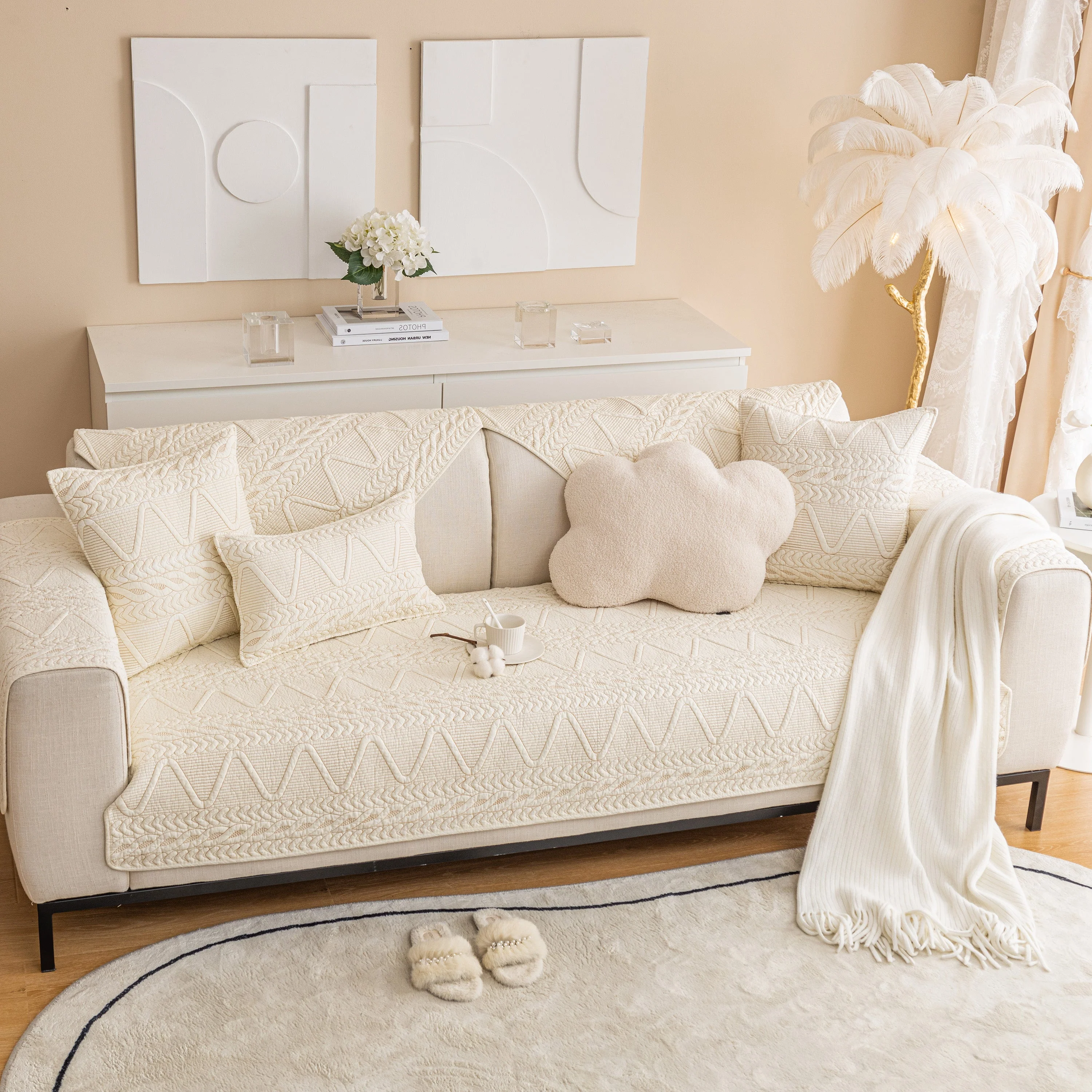 Geometric Textured Cotton Quilted Sofa Cover, Non-Slip Washable Couch Protector - Image 40