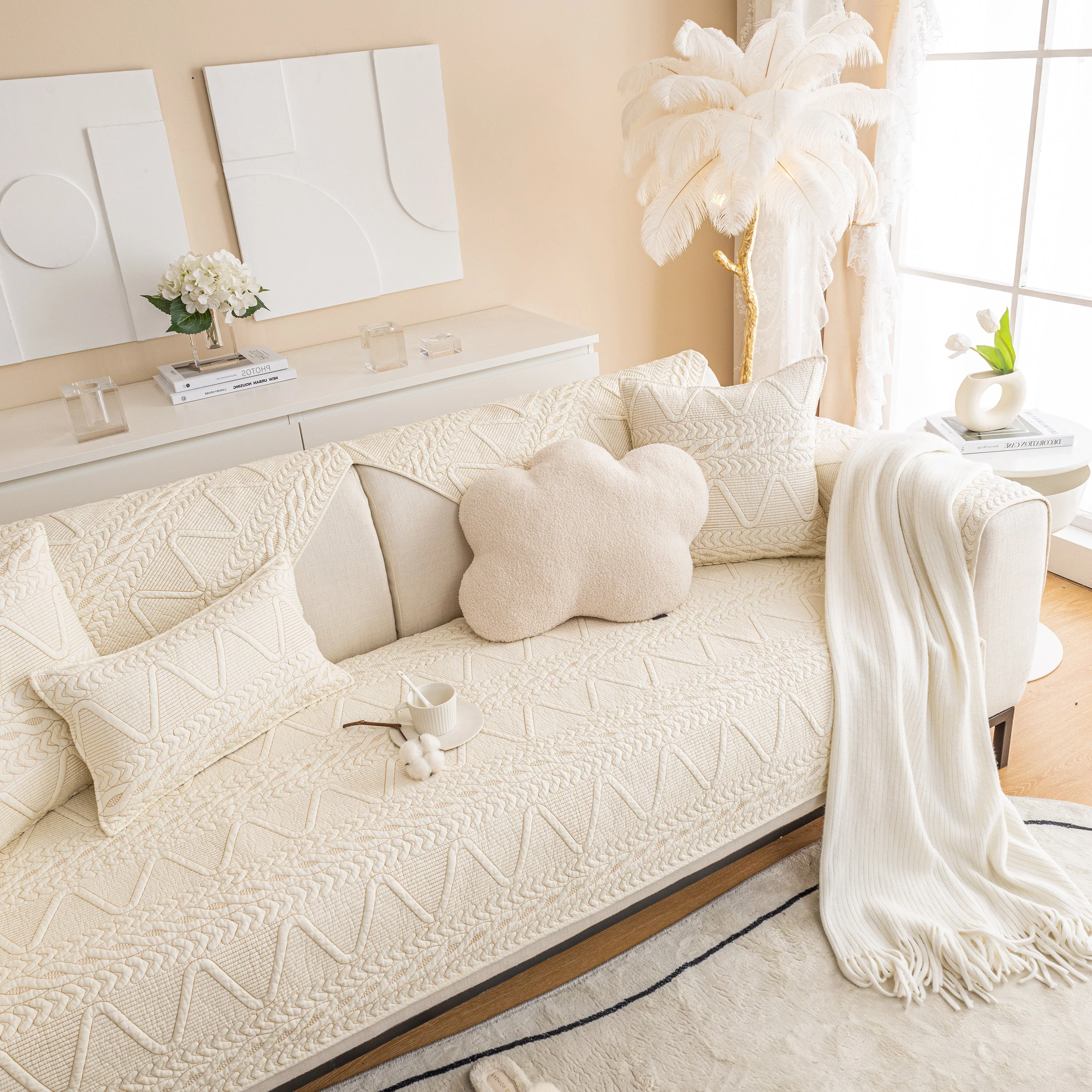 Geometric Textured Cotton Quilted Sofa Cover, Non-Slip Washable Couch Protector - Image 42