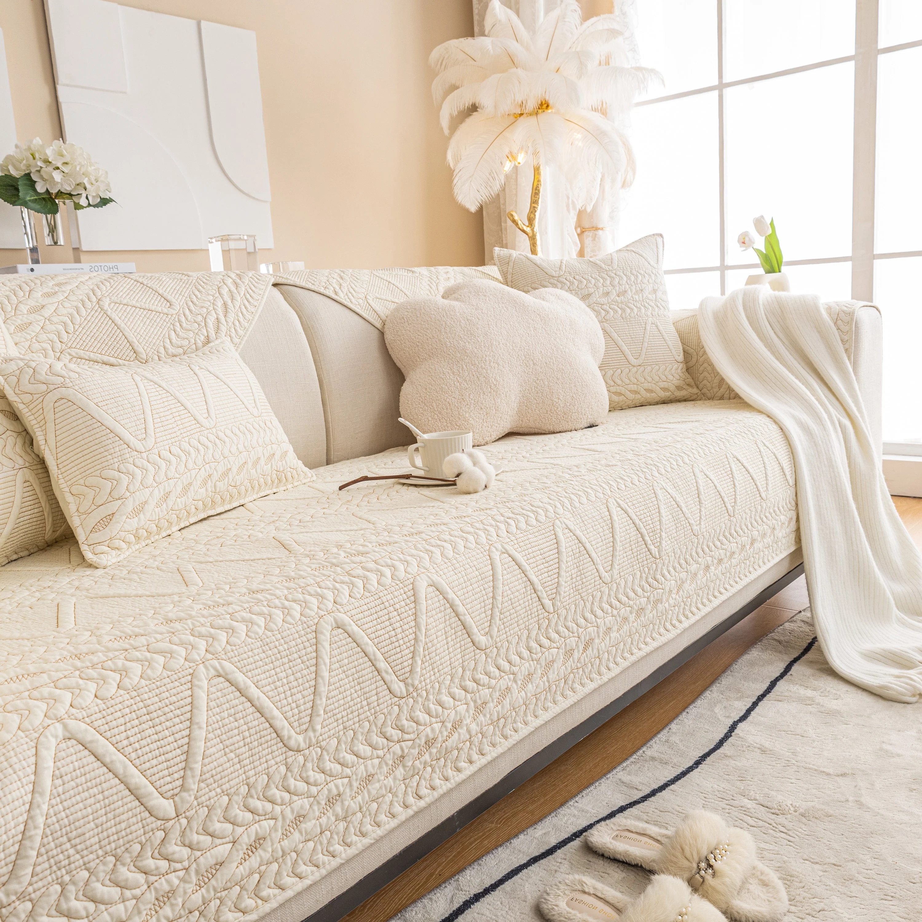 Geometric Textured Cotton Quilted Sofa Cover, Non-Slip Washable Couch Protector - Image 43