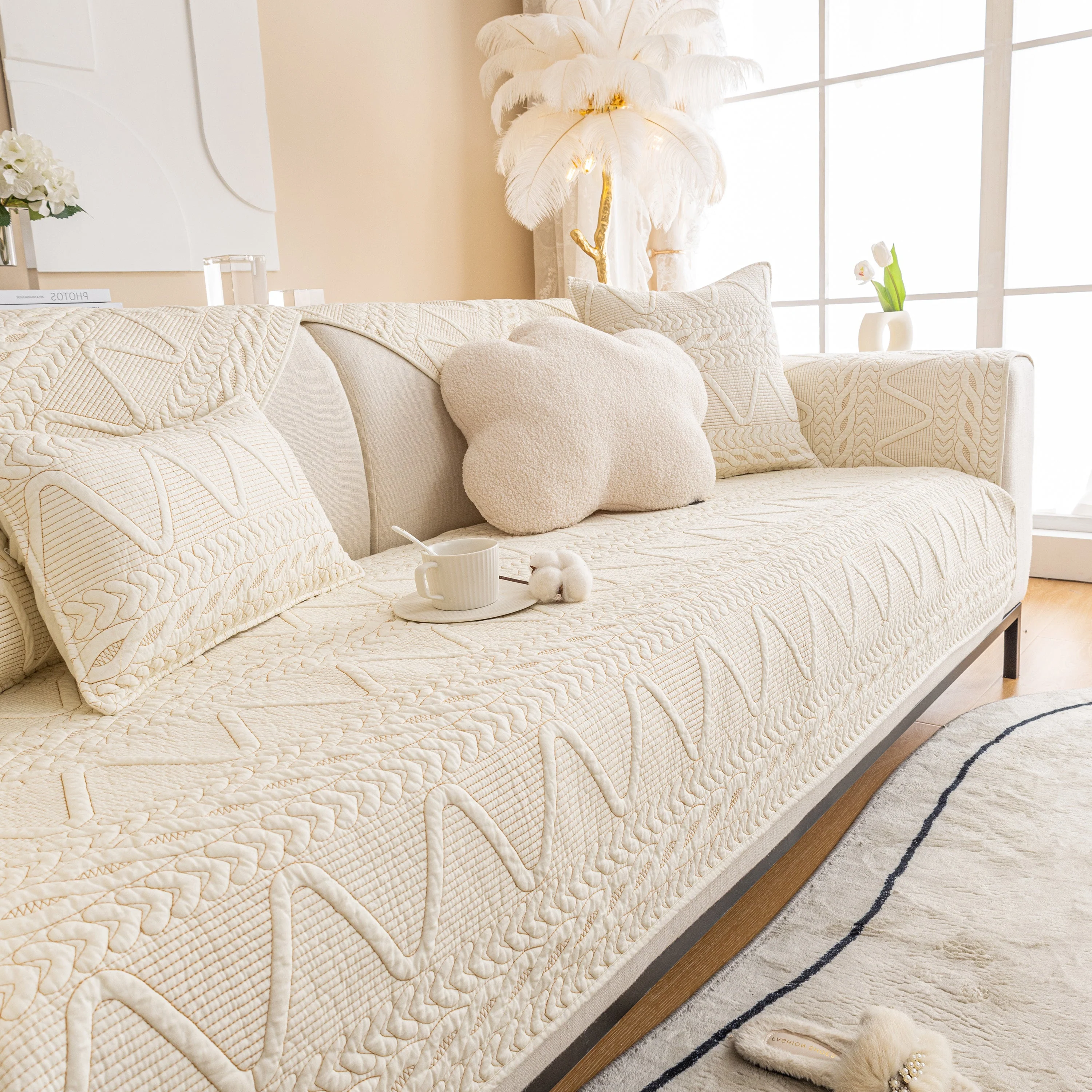 Geometric Textured Cotton Quilted Sofa Cover, Non-Slip Washable Couch Protector - Image 44