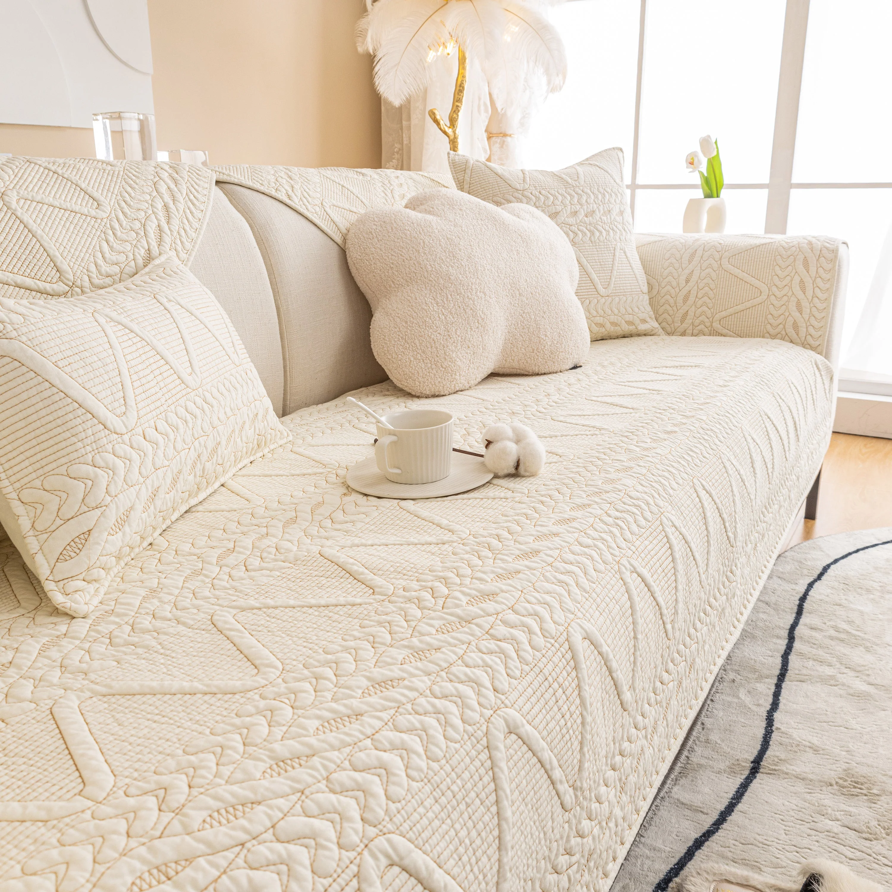 Geometric Textured Cotton Quilted Sofa Cover, Non-Slip Washable Couch Protector - Image 45