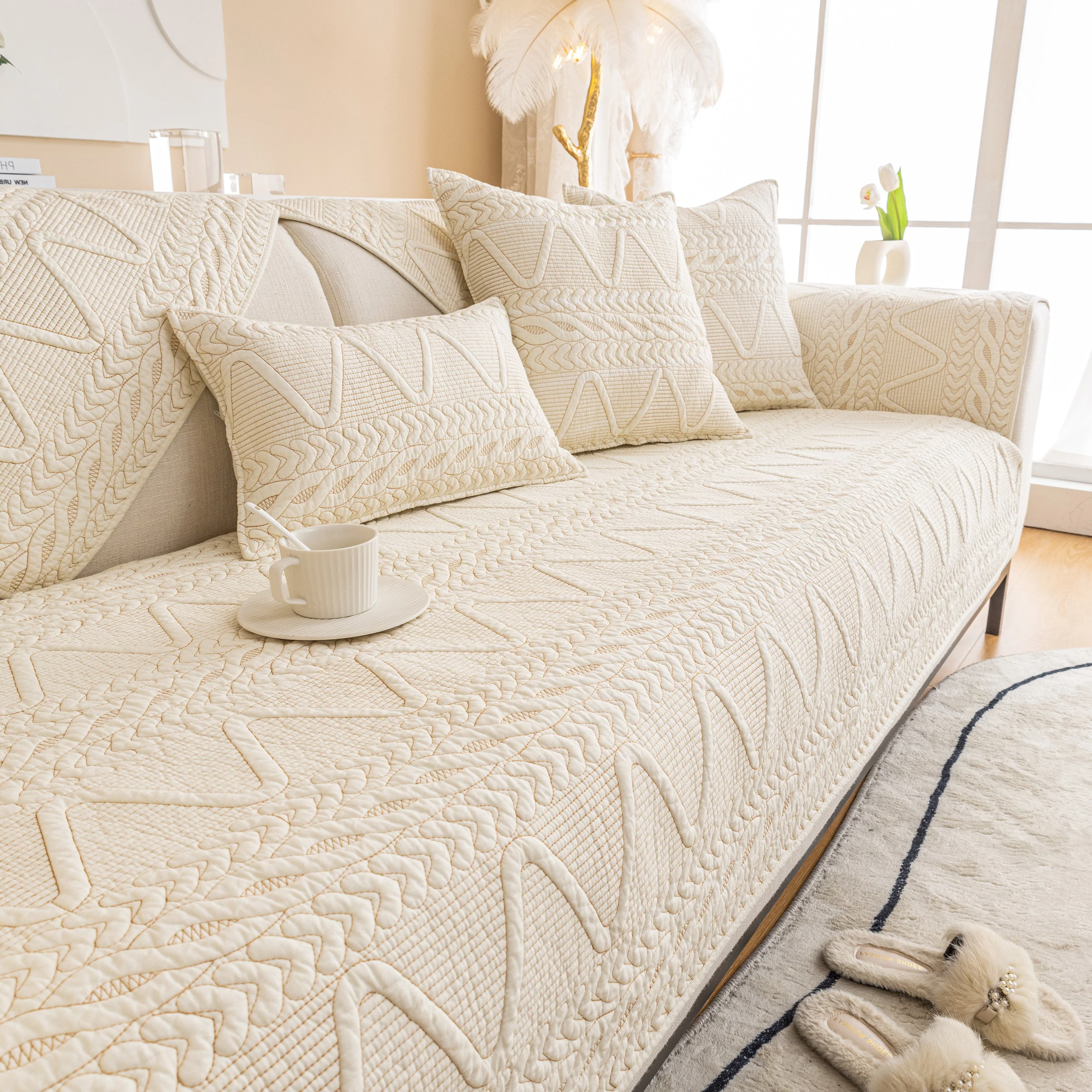 Geometric Textured Cotton Quilted Sofa Cover, Non-Slip Washable Couch Protector - Image 46