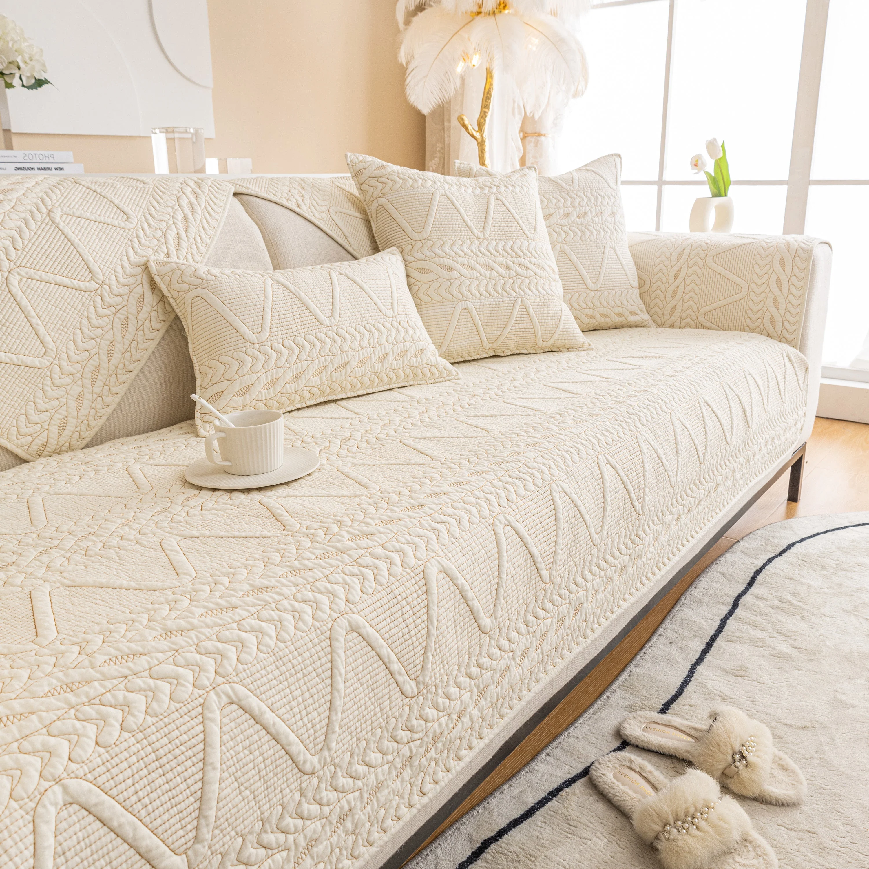 Geometric Textured Cotton Quilted Sofa Cover, Non-Slip Washable Couch Protector - Image 47