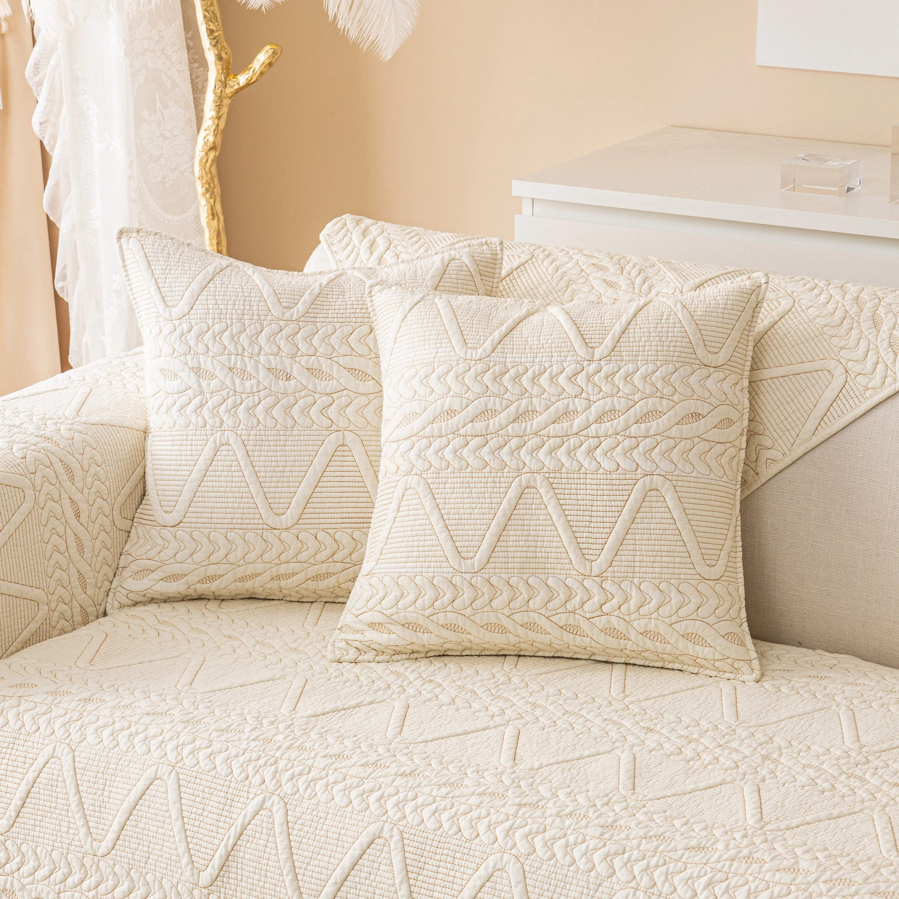 Geometric Textured Cotton Quilted Sofa Cover, Non-Slip Washable Couch Protector - Image 48