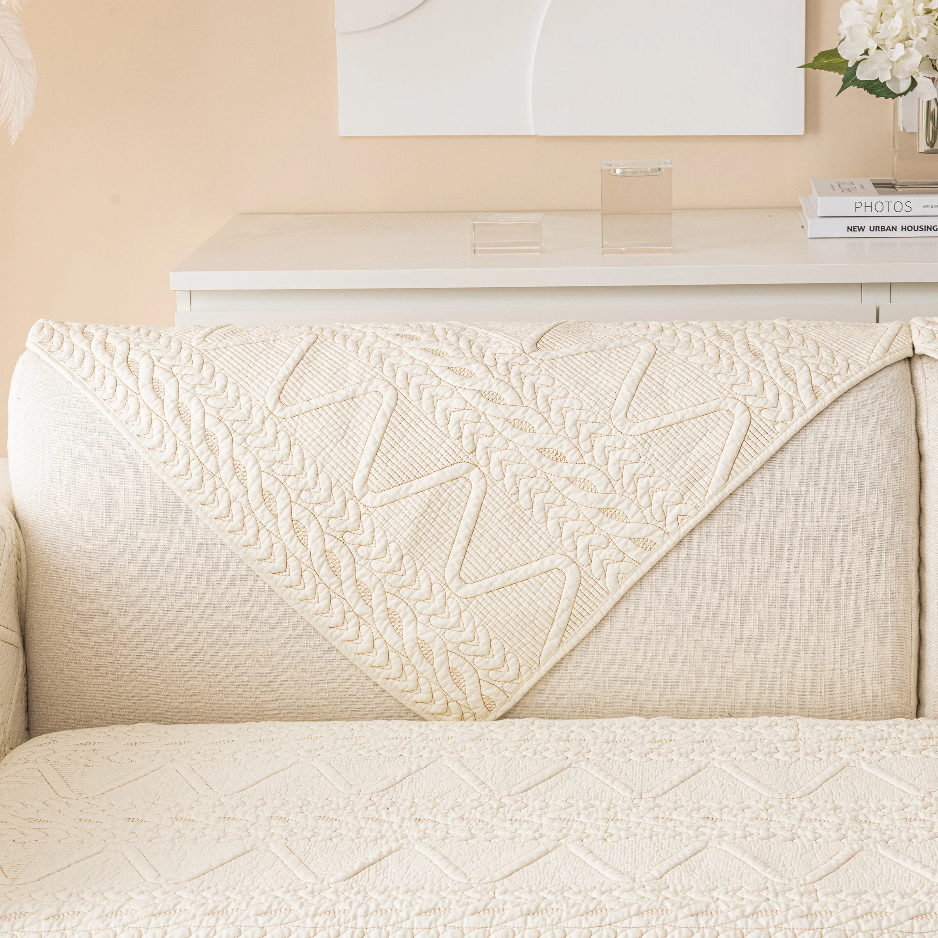 Geometric Textured Cotton Quilted Sofa Cover, Non-Slip Washable Couch Protector - Image 49