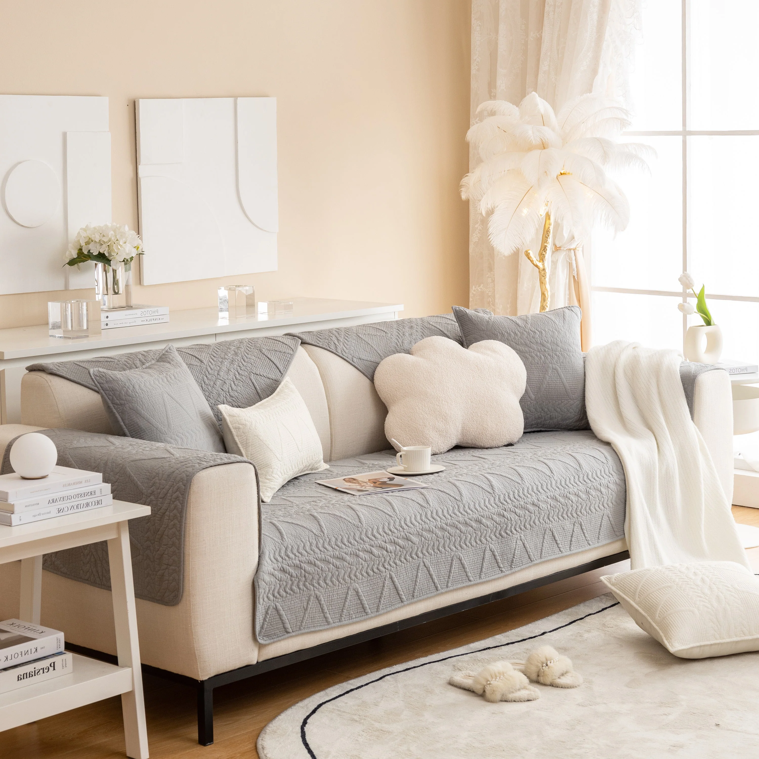 Geometric Textured Cotton Quilted Sofa Cover, Non-Slip Washable Couch Protector - Image 5