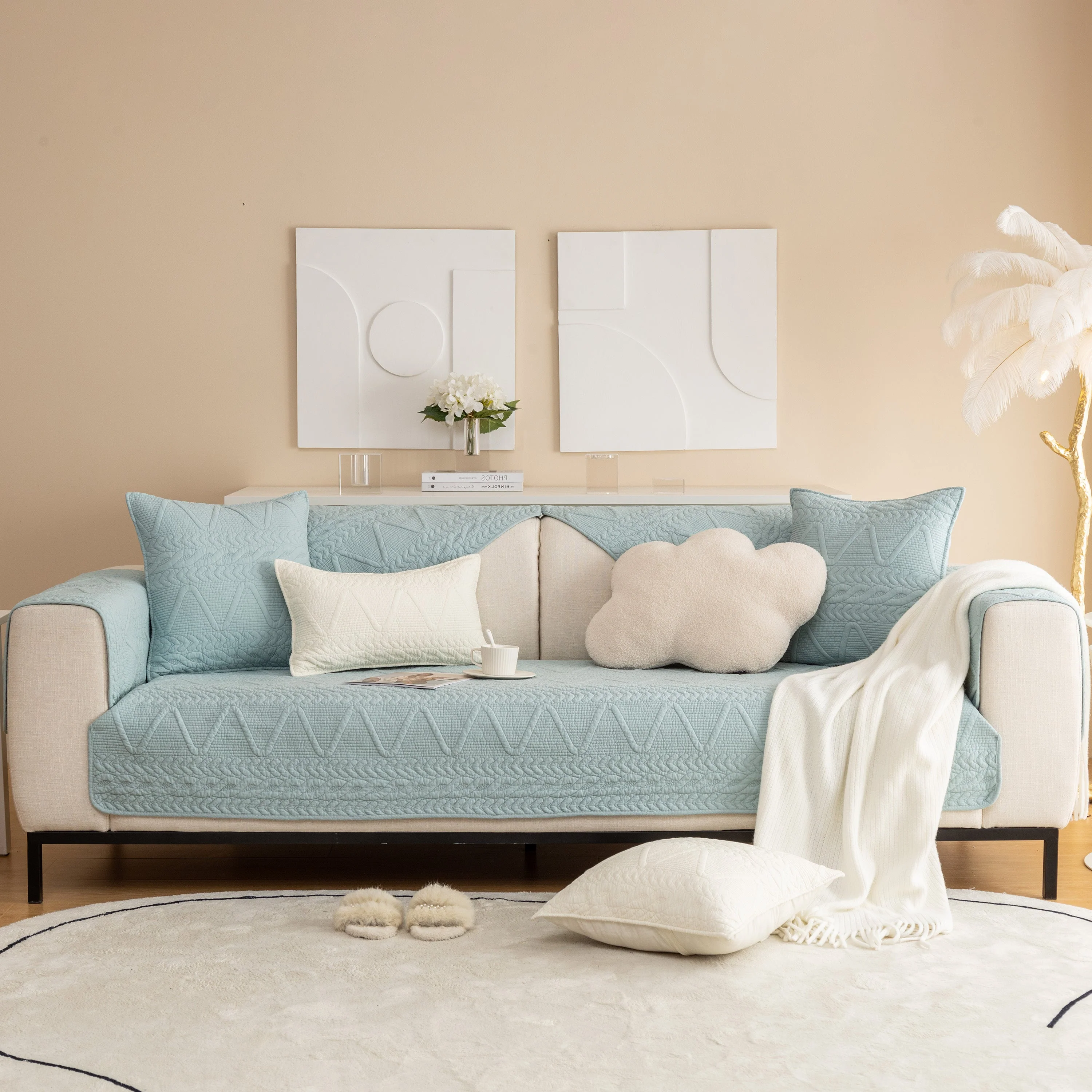 Geometric Textured Cotton Quilted Sofa Cover, Non-Slip Washable Couch Protector - Image 50