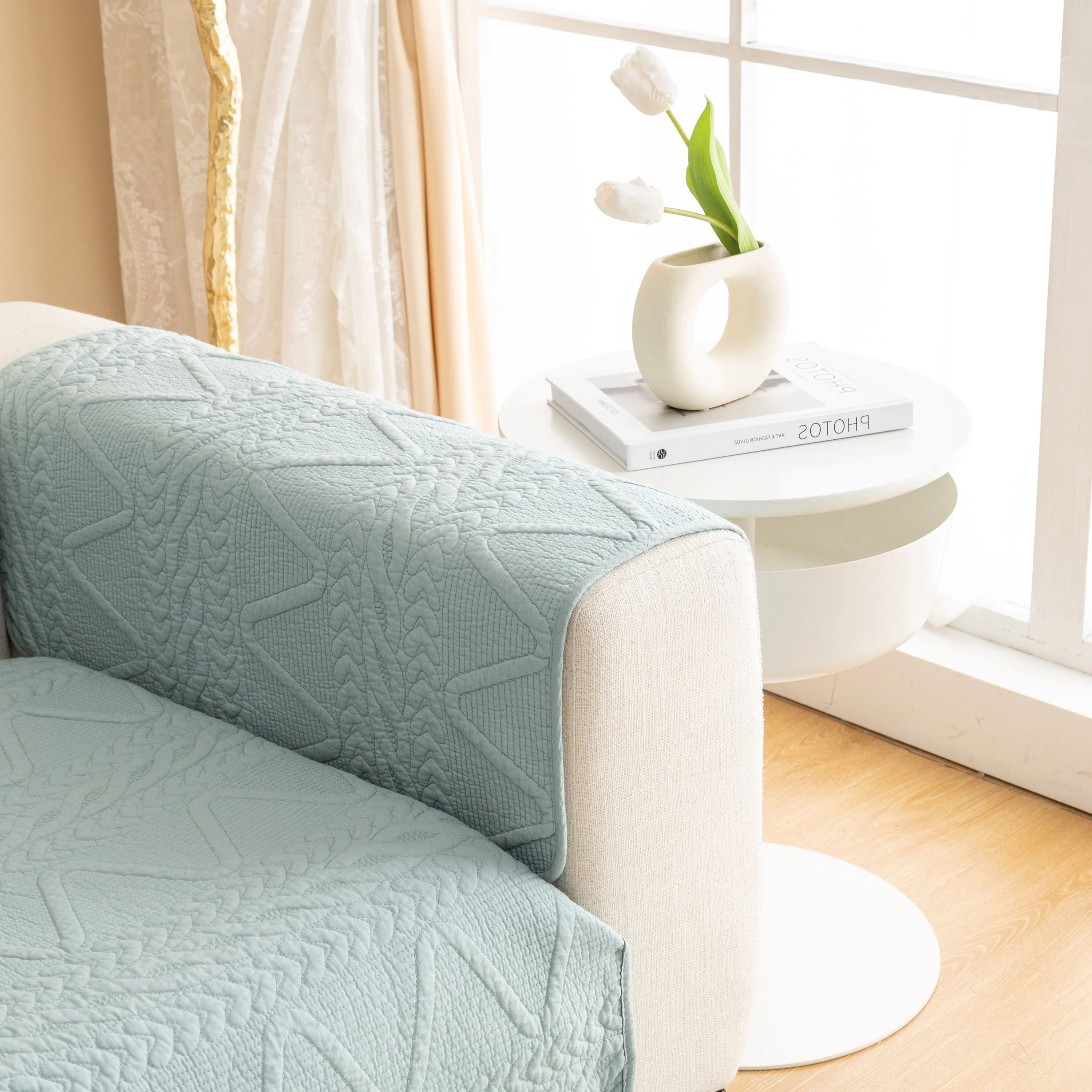 Geometric Textured Cotton Quilted Sofa Cover, Non-Slip Washable Couch Protector - Image 51