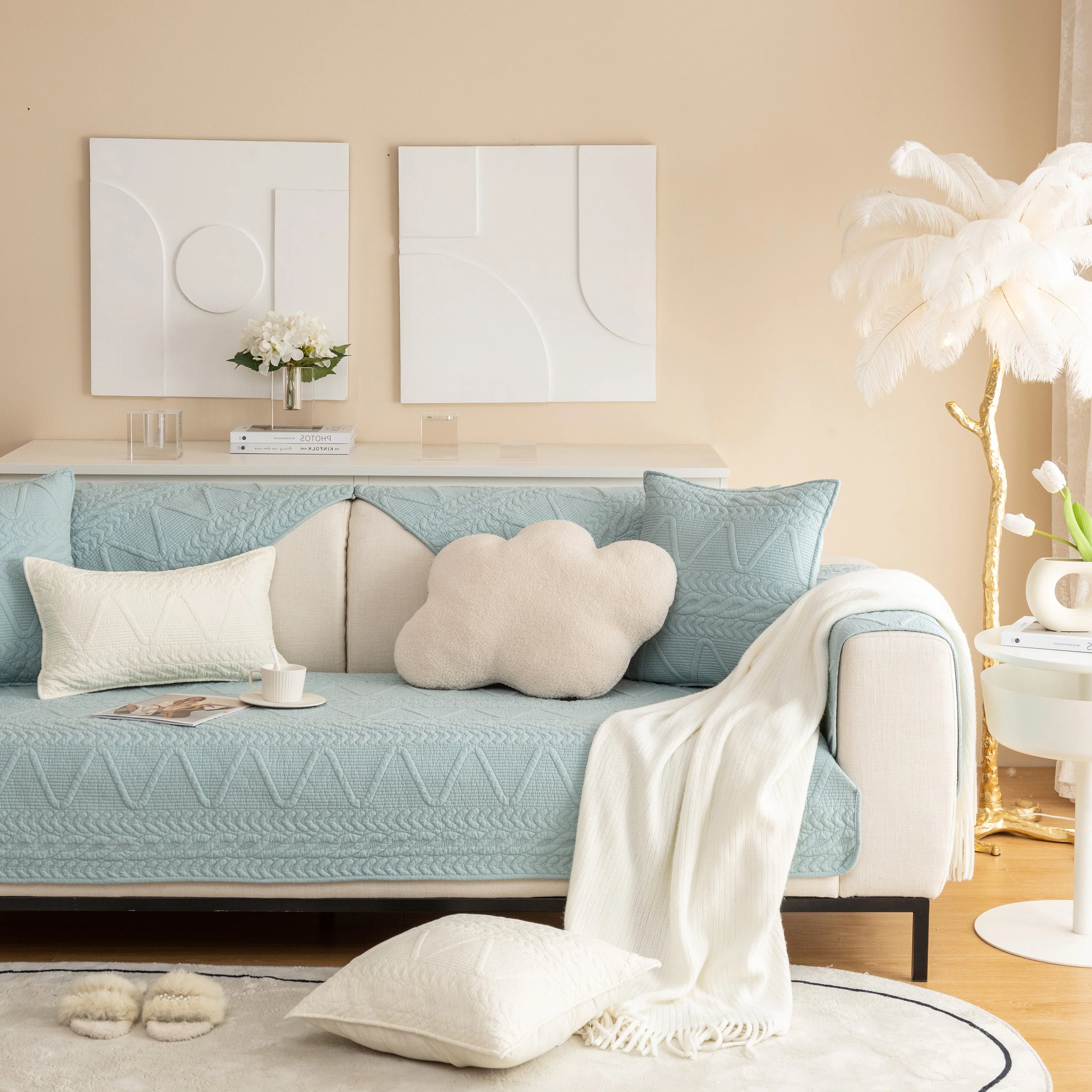 Geometric Textured Cotton Quilted Sofa Cover, Non-Slip Washable Couch Protector - Image 53