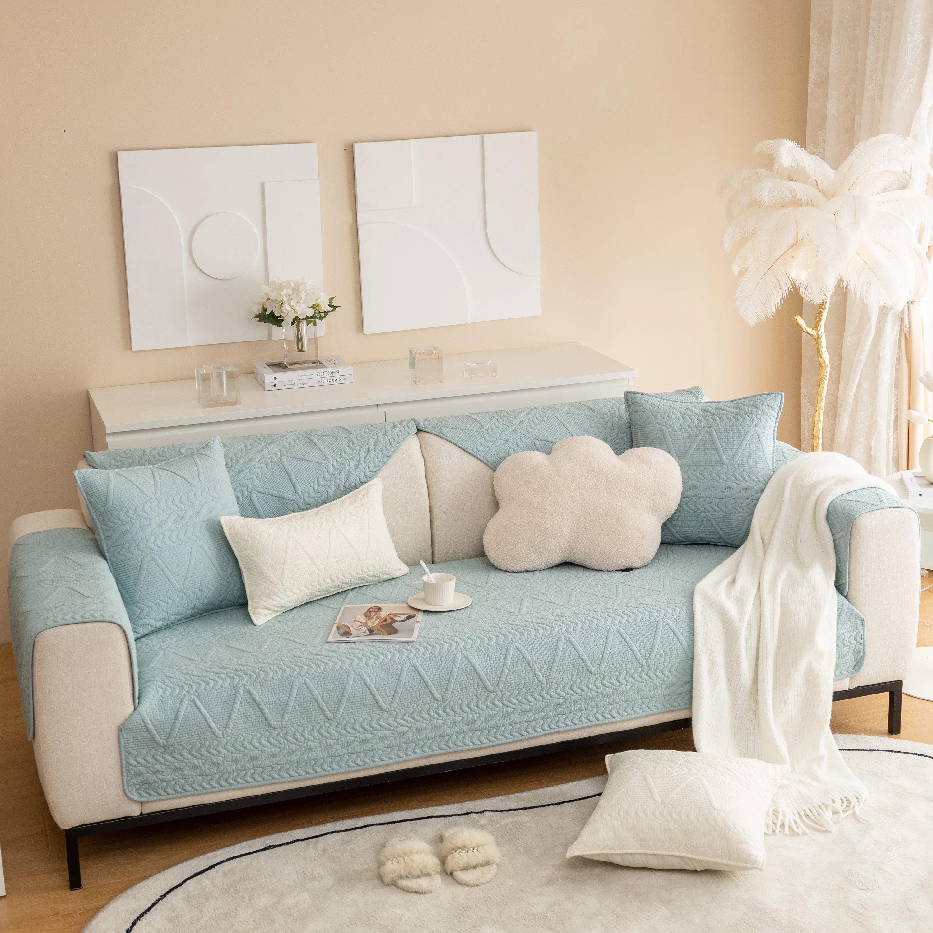 Geometric Textured Cotton Quilted Sofa Cover, Non-Slip Washable Couch Protector - Image 54