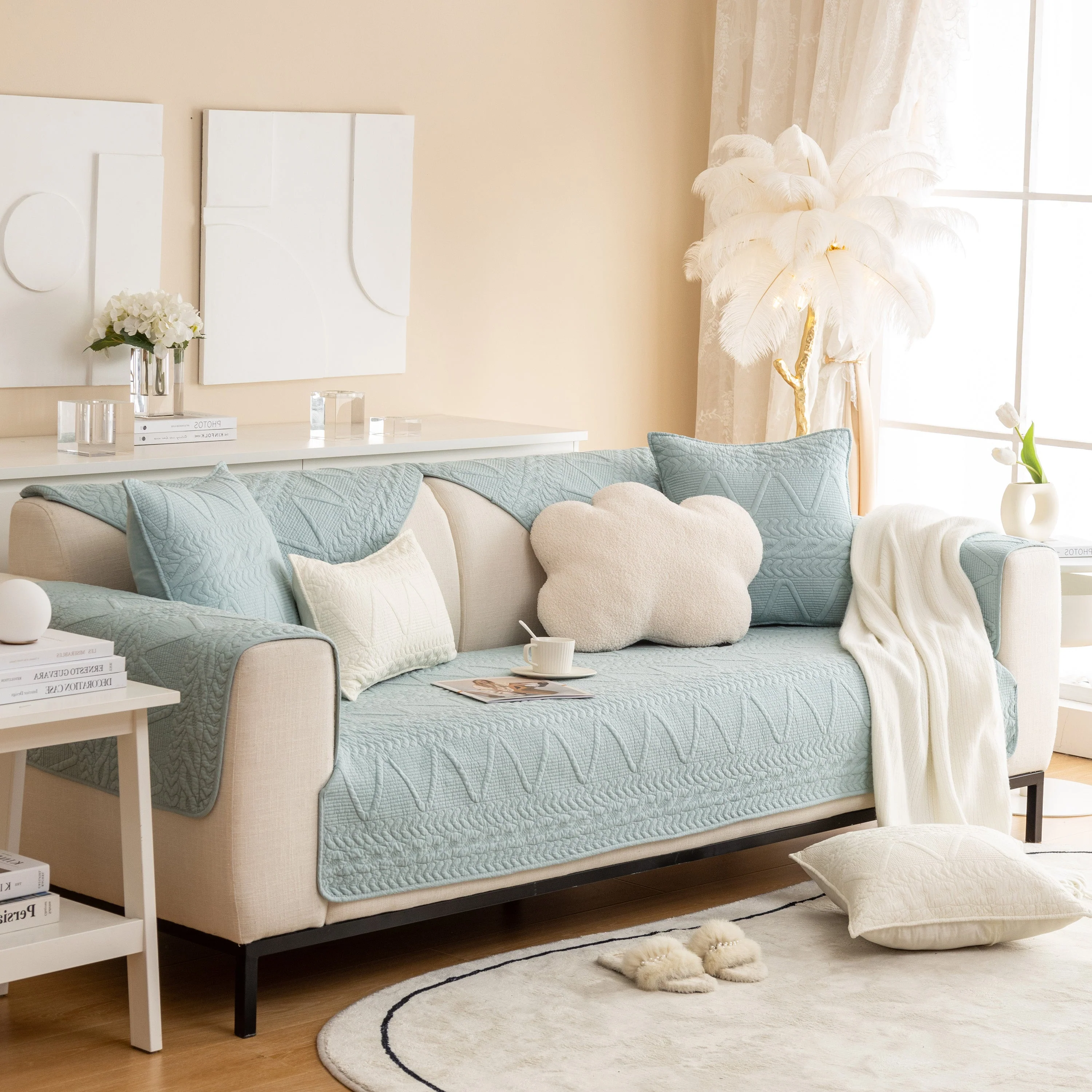 Geometric Textured Cotton Quilted Sofa Cover, Non-Slip Washable Couch Protector - Image 55